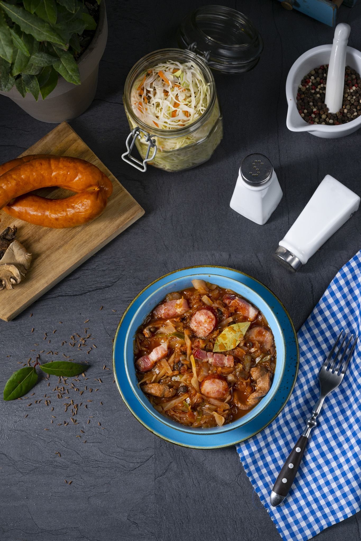 Polish bigos with sausage and mushrooms.