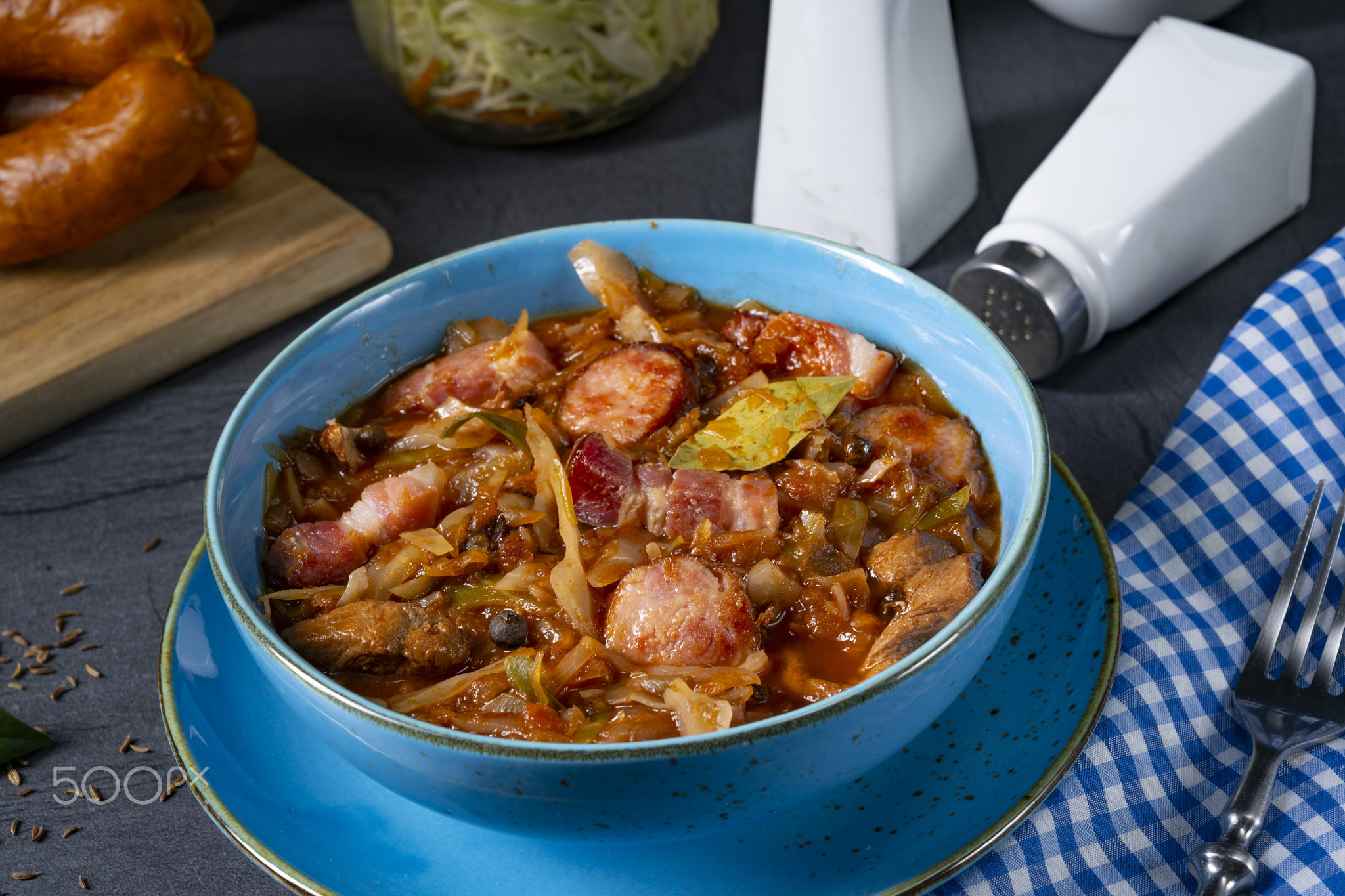 Polish bigos with sausage and mushrooms.