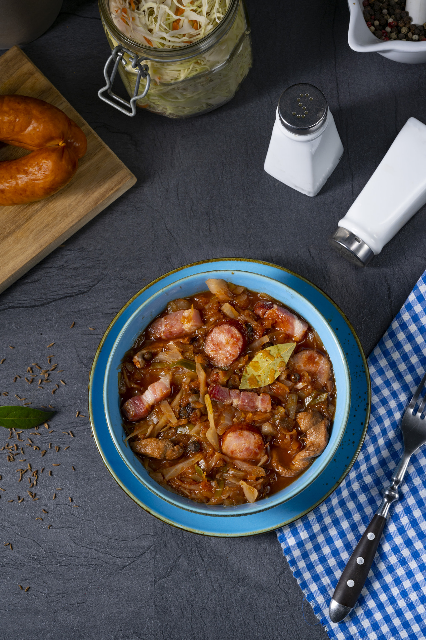 Polish bigos with sausage and mushrooms.