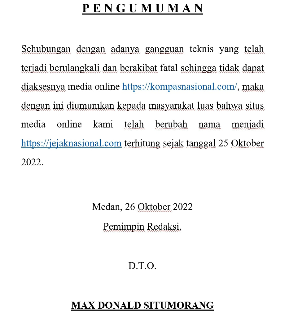 pengumuman perubahan nama - jejak nasional