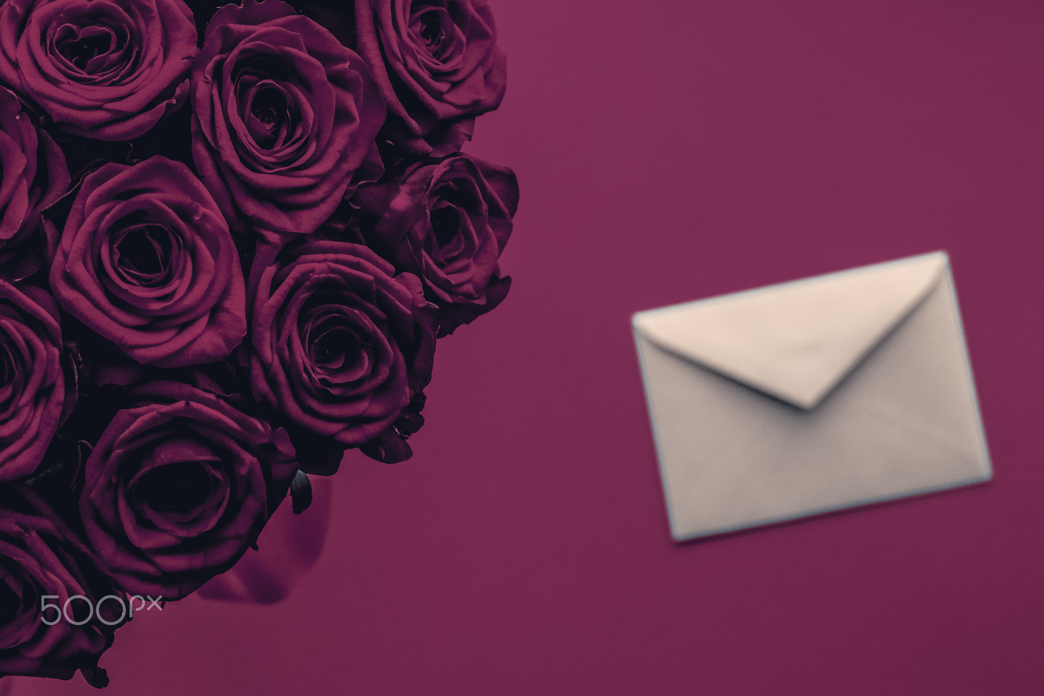 Love letter and flowers delivery on Valentines Day, luxury bouquet of