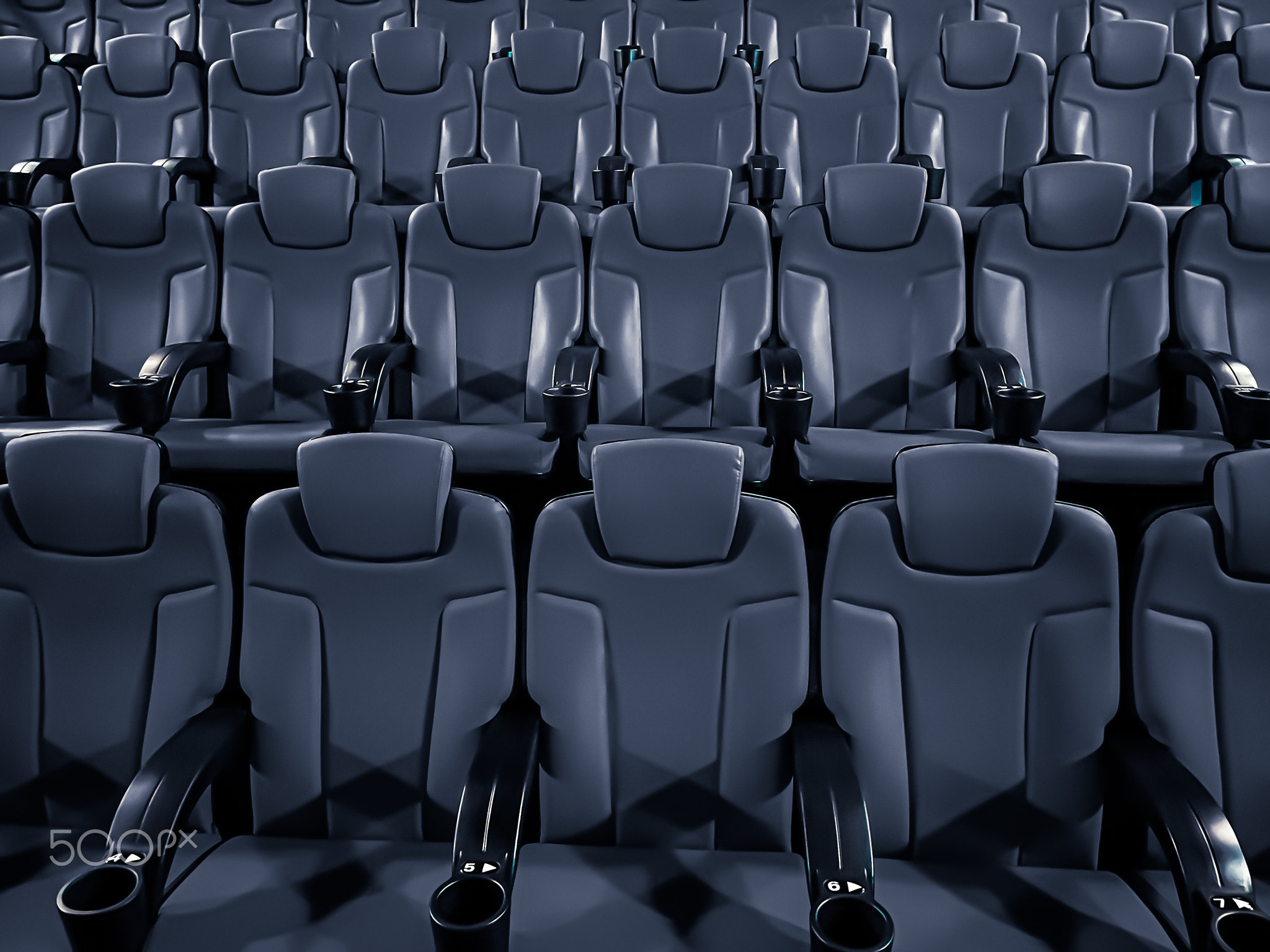 Cinema and entertainment, empty dark movie theatre seats for tv show