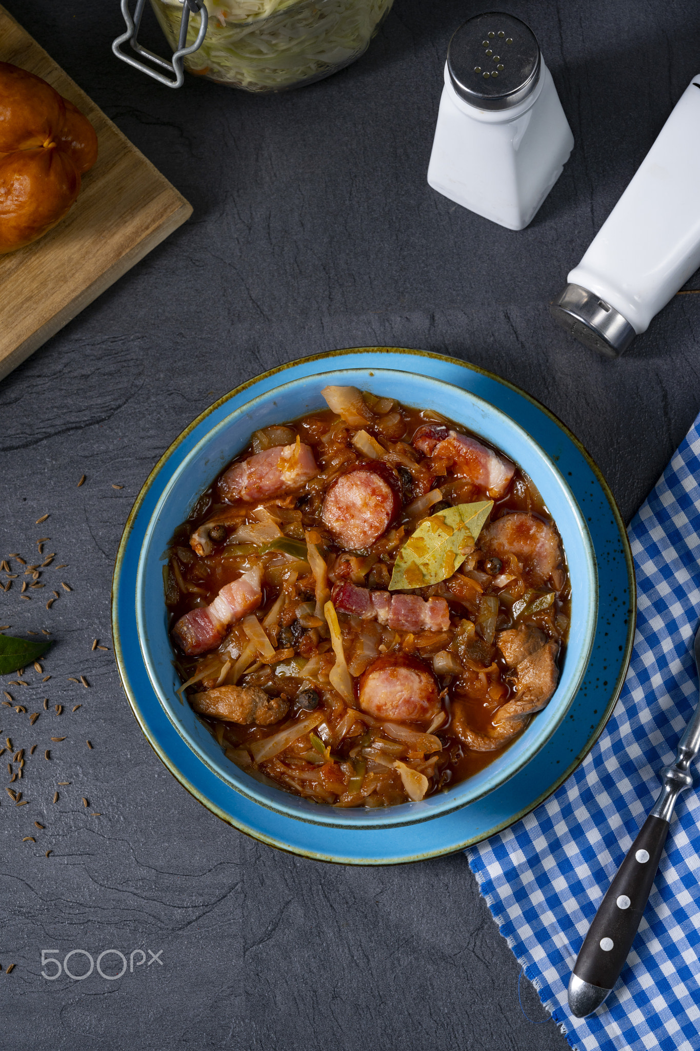 Polish bigos with sausage and mushrooms.