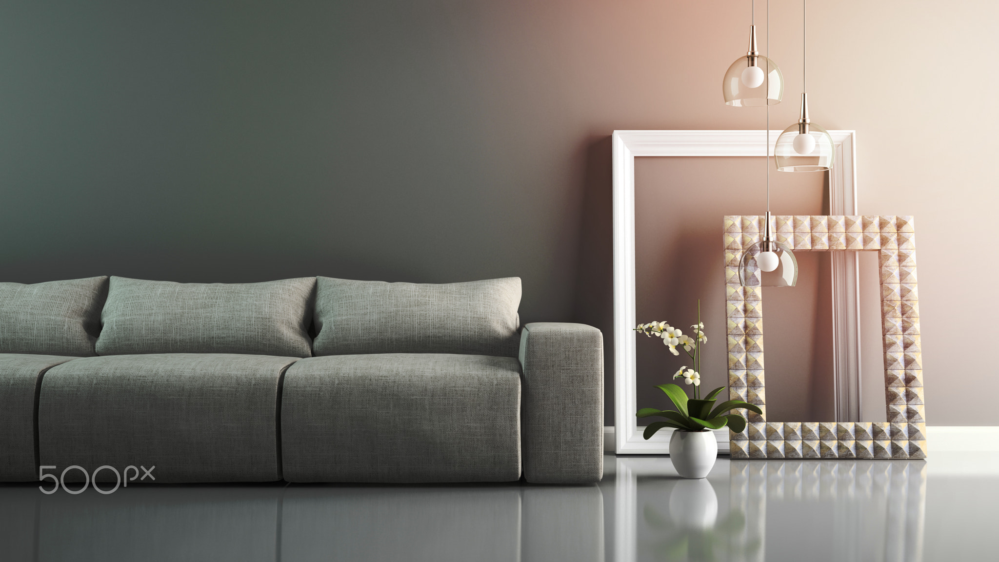 Part of interior with grey sofa and stylish frames 3D rendering