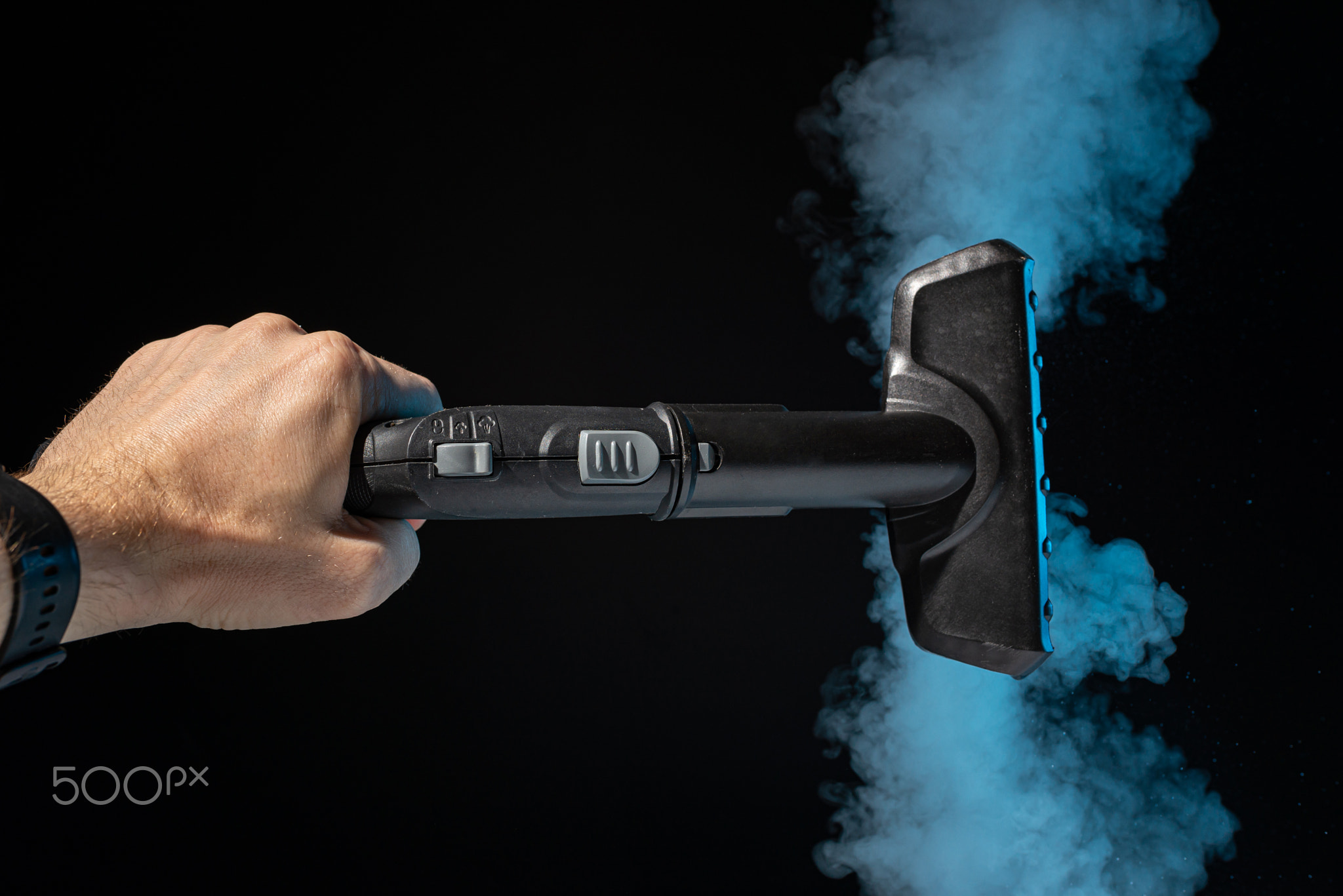 Steam cleaning on black. Home cleaning. Photo with copy space