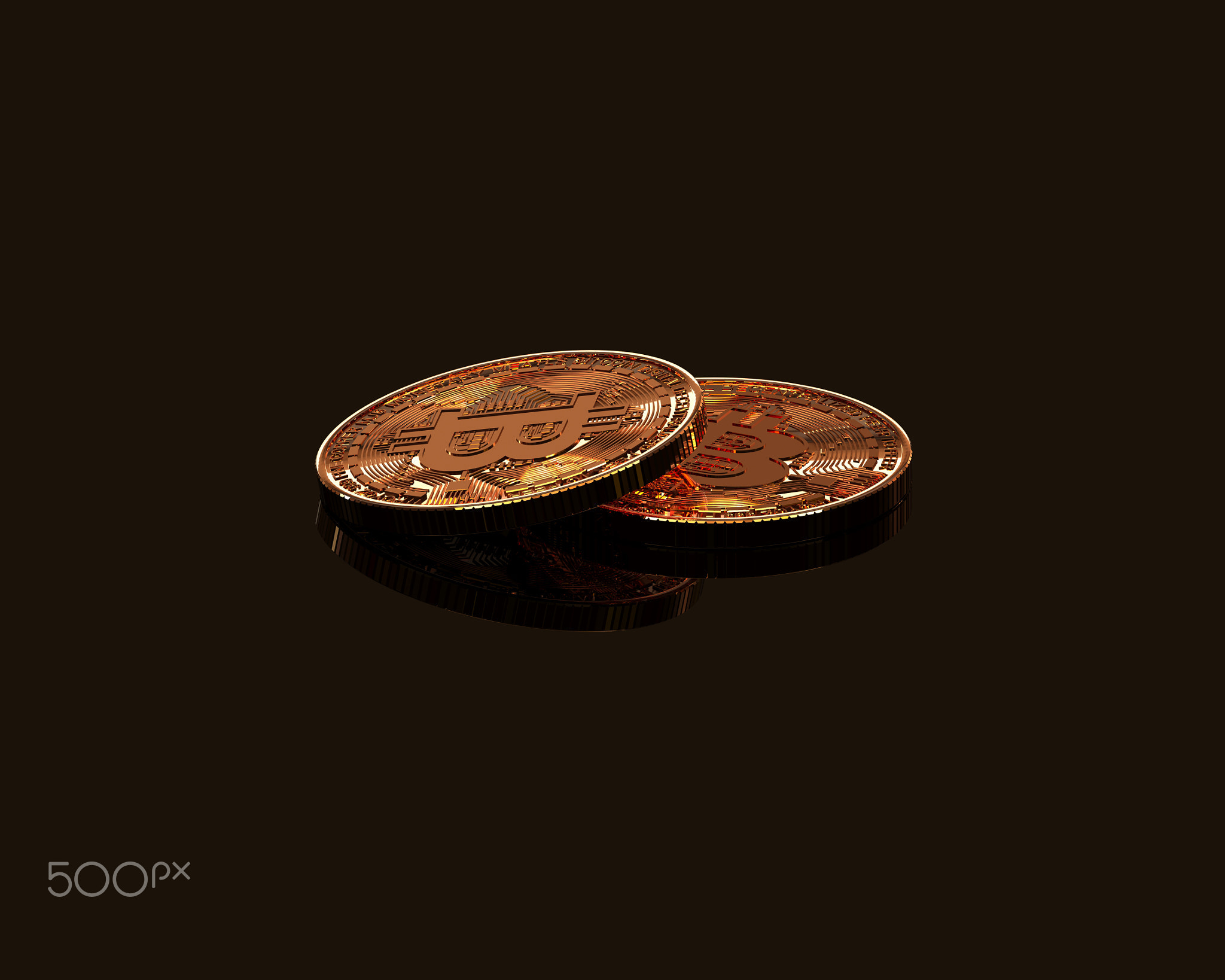 3D rendering - two souvenir Bitcoin coins lie on a dark mirror surface