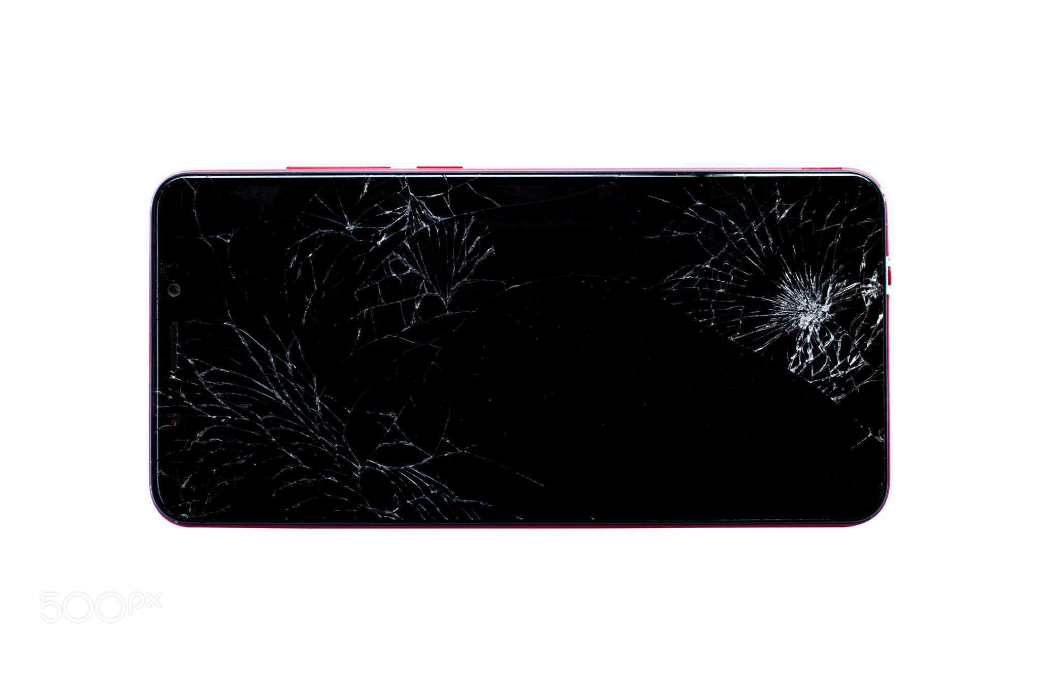 smartphone with broken screen display isolated on white background