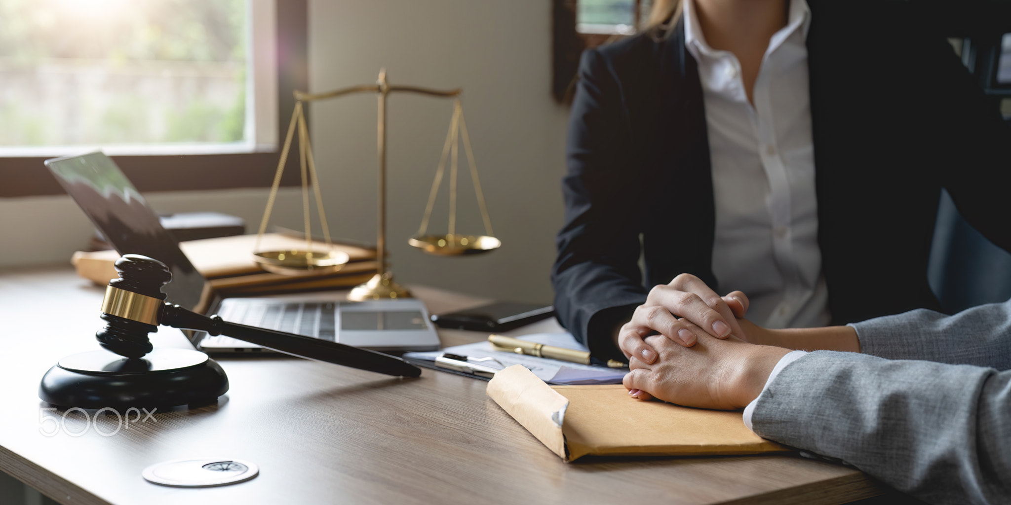Justice and attorney concept. Lawyer meeting and consoling solution to