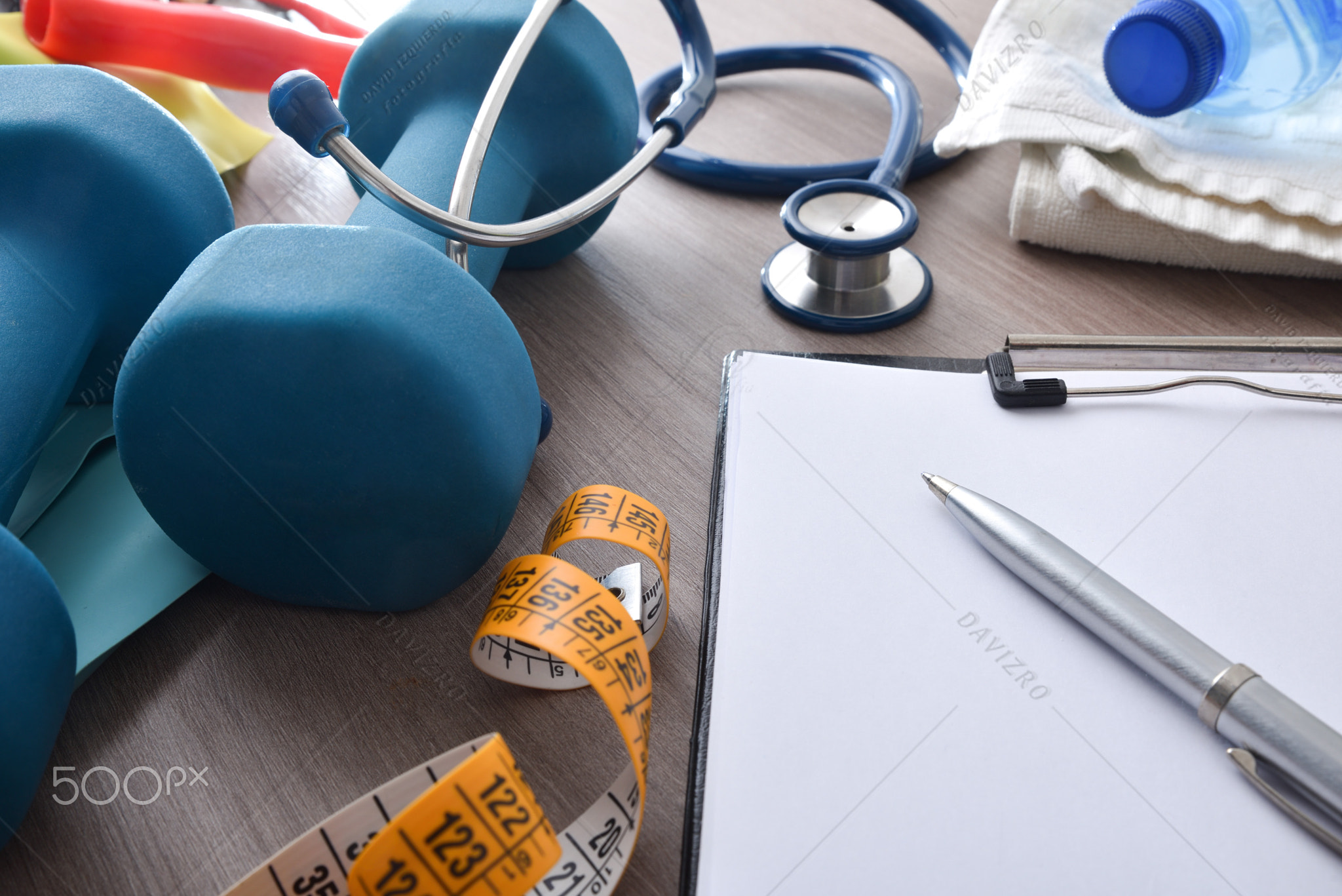 Physiotherapist workbench with notepad stethoscope and tools for sports elevated