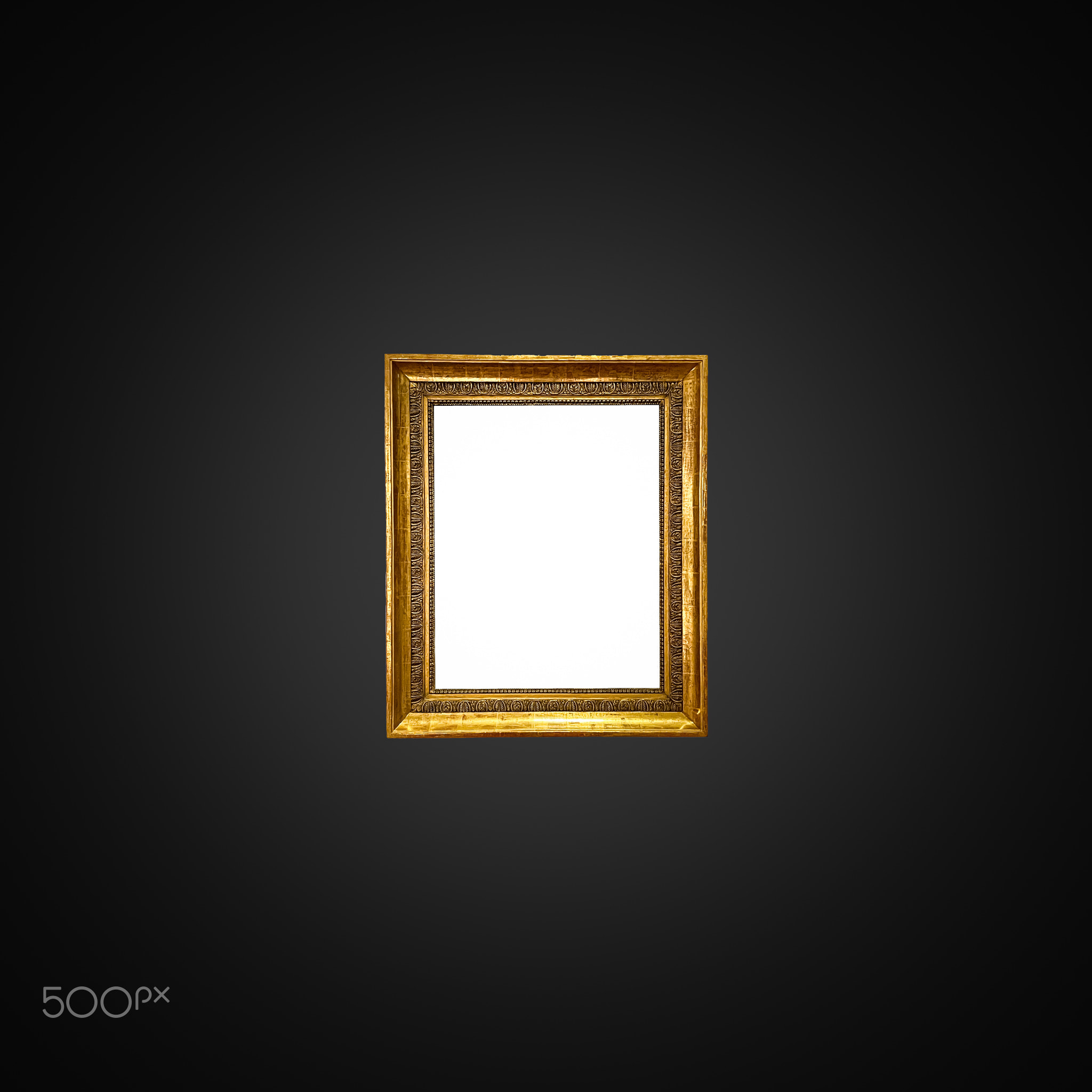 Antique art fair gallery frame on royal black wall at auction house or