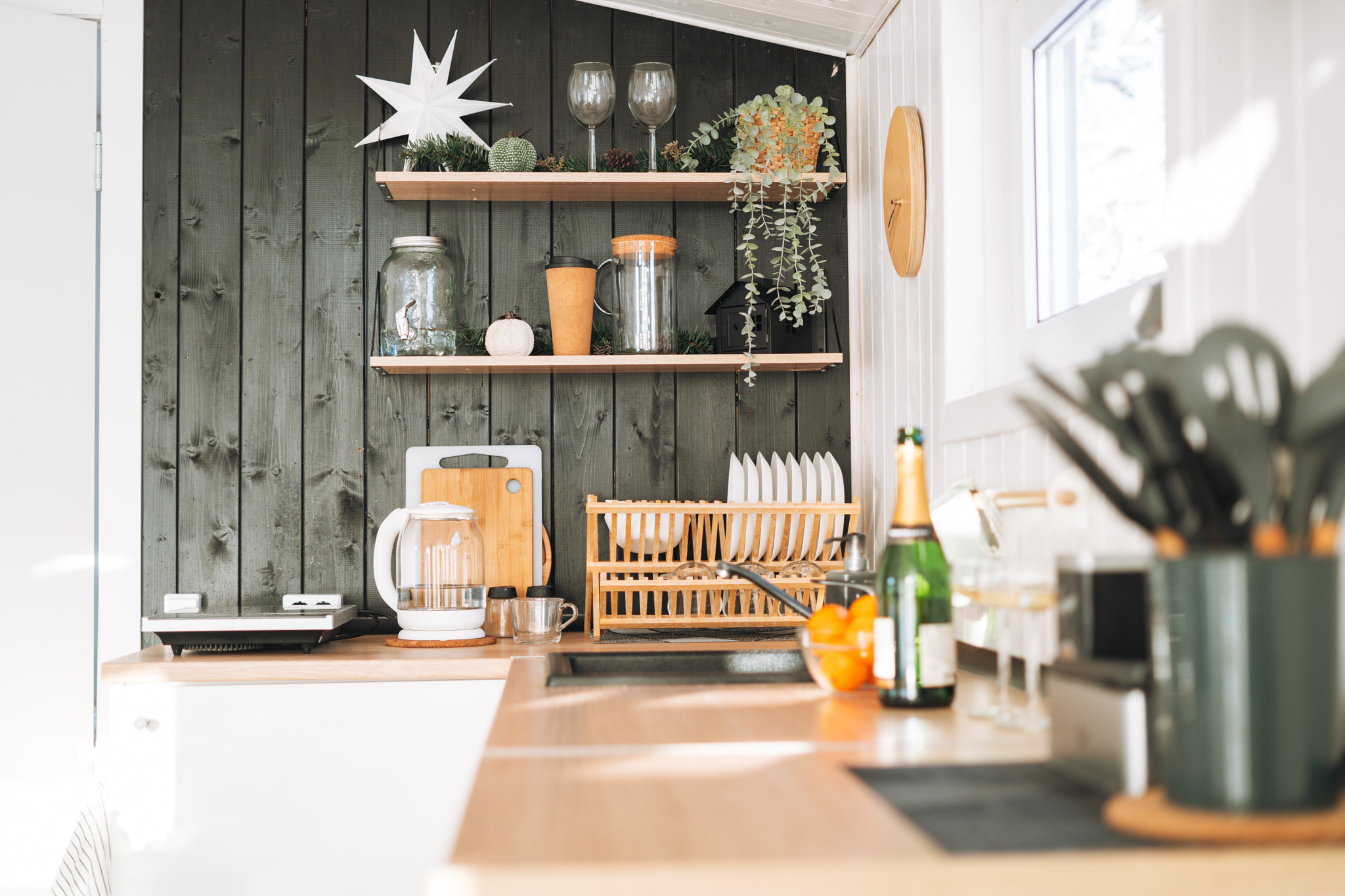 Details of cozy interior, kitchen corner in country cottage