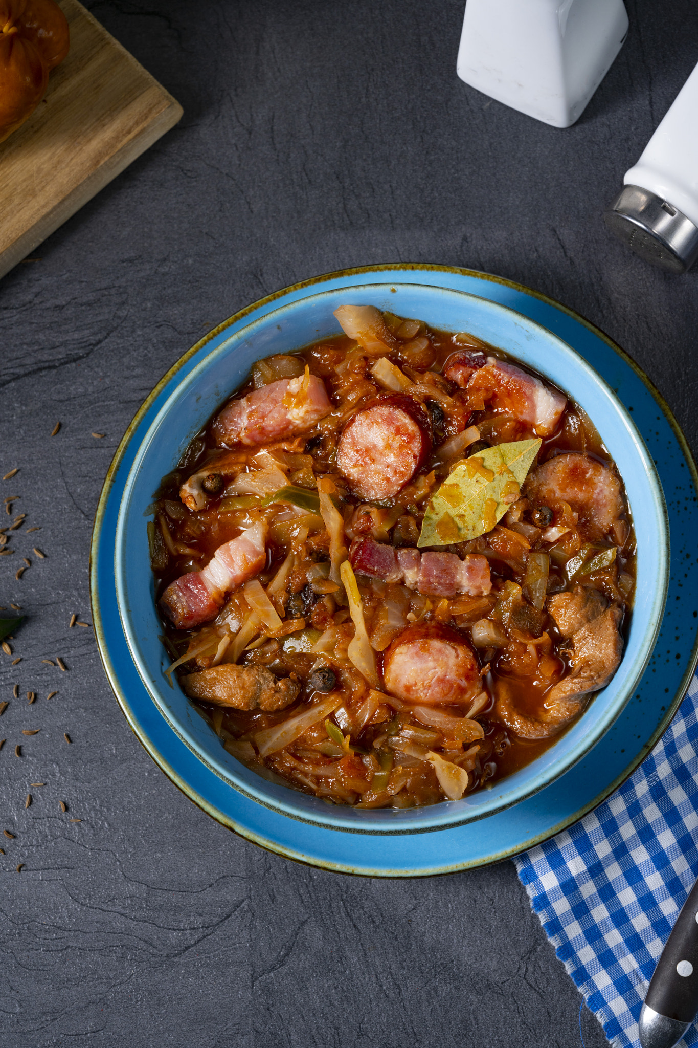 Polish bigos with sausage and mushrooms.