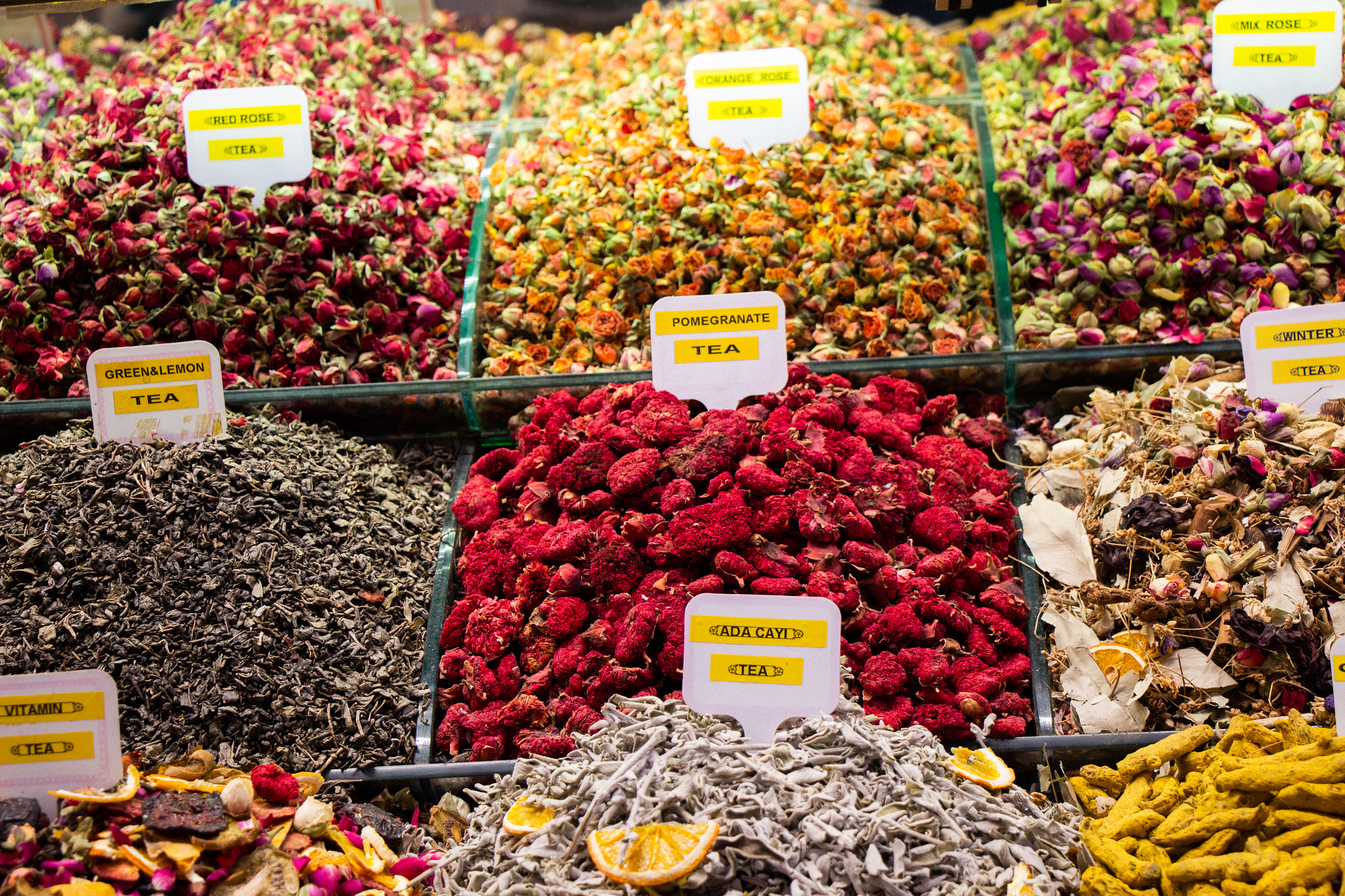 Dried tea,  fruits, herbs, flowers  at Istanbul Spice Bazaar 