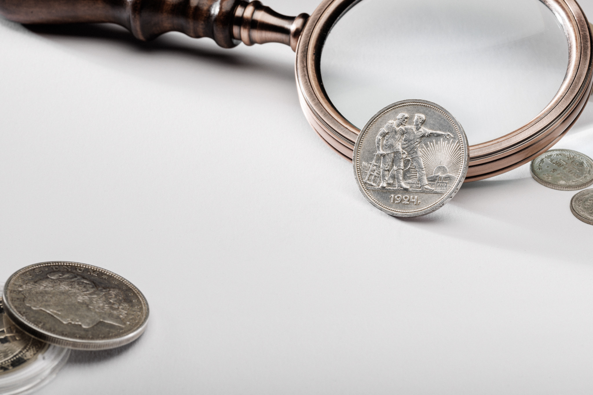 Numismatics. Old collectible coins on the table.