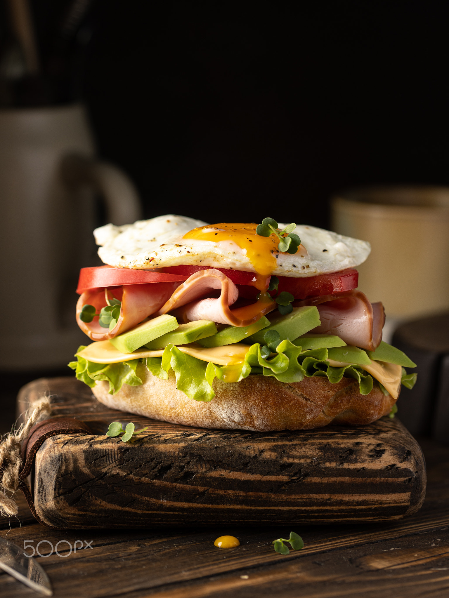 Tasty sandwich with avocado,cheese,salad leaves,ham,tomatoes and fried