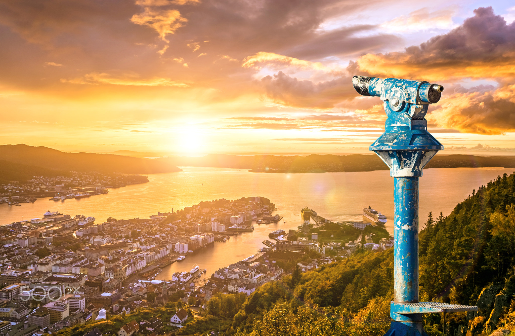 Amazing sunset view of City of Bergen from Floyen mountain and a