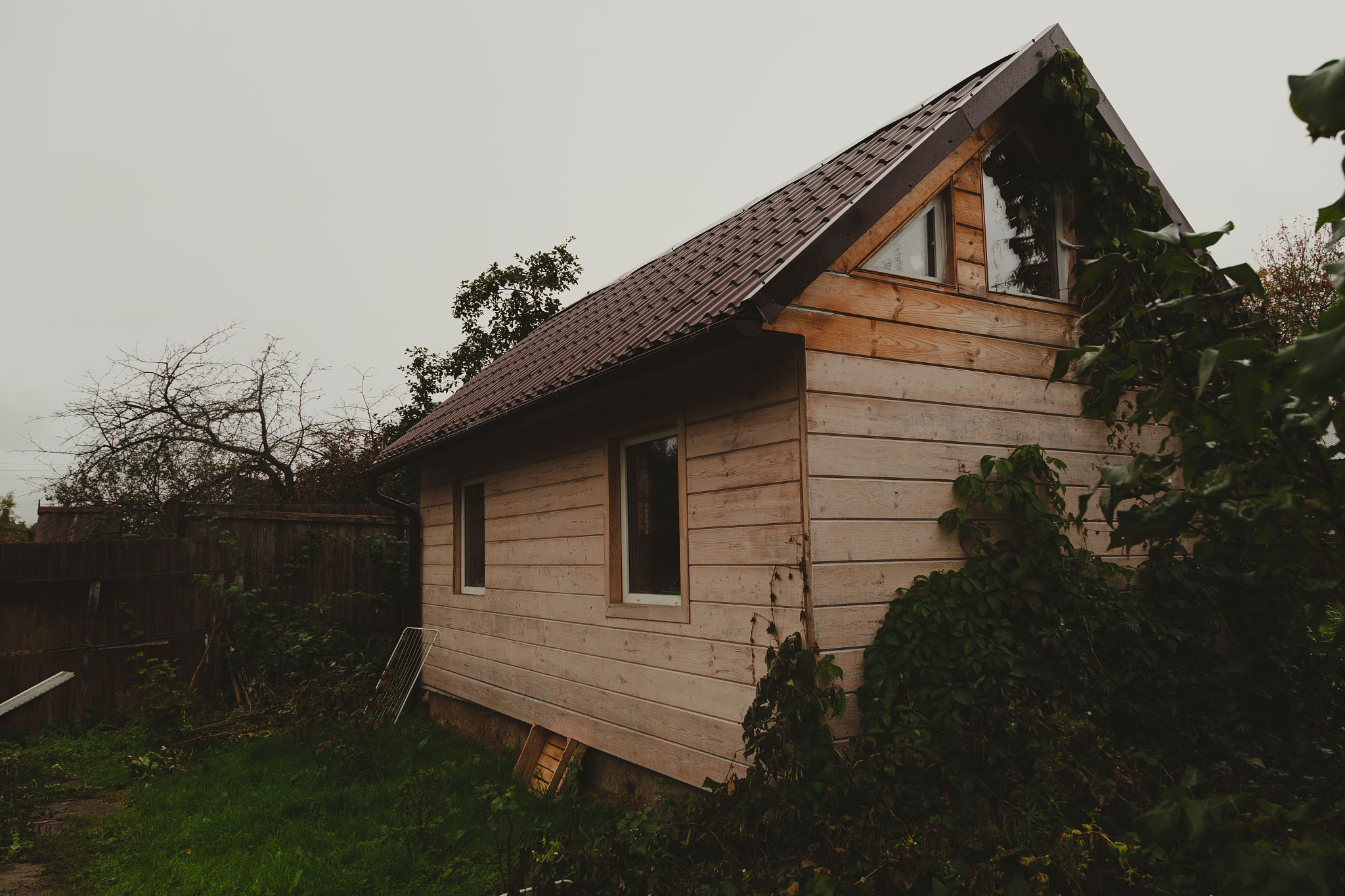 Small wooden dacha house with greens around. Rainy autumn weather in western Europe.