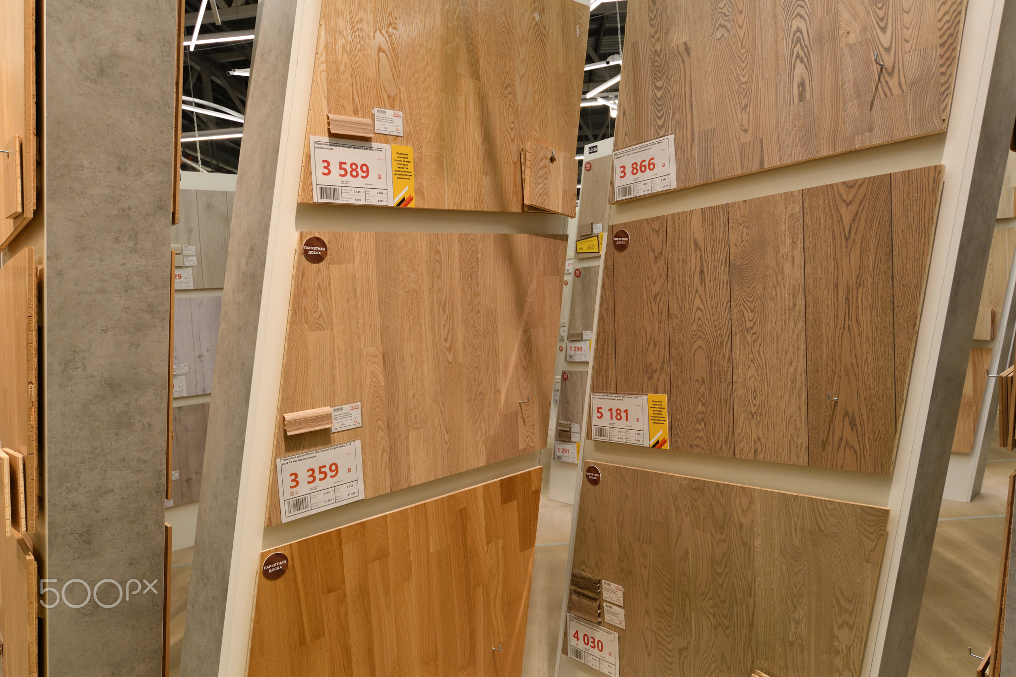 Moscow, Russia -21 Aug. 2022. Parquet board samples in Petrovich