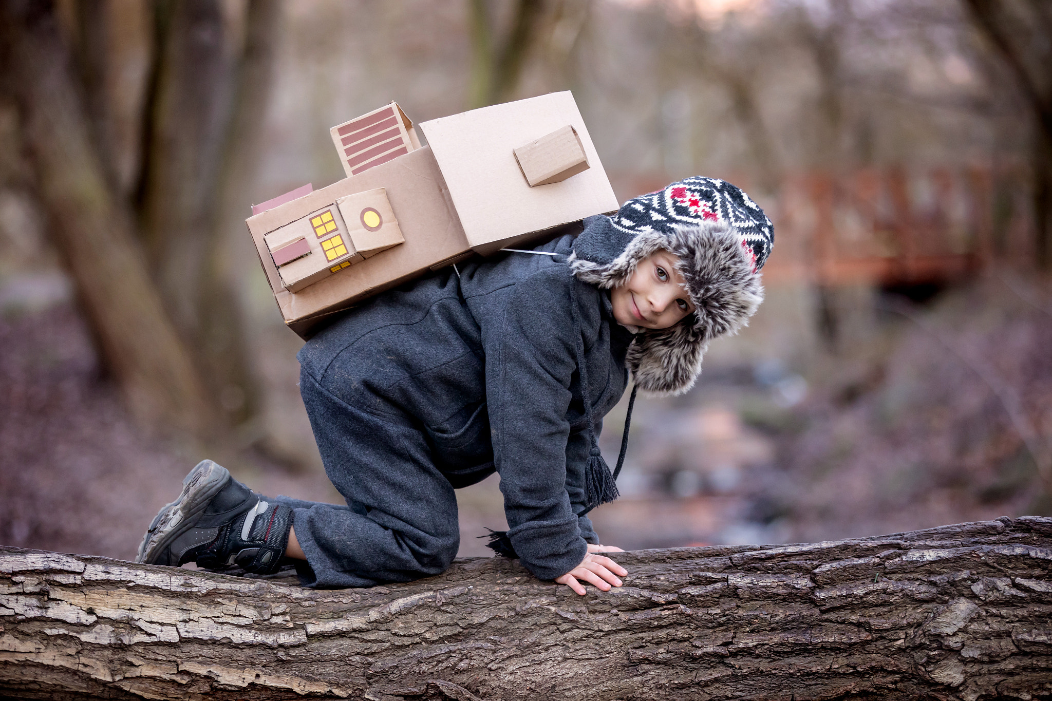 Little child, blond boy with pet dog, carying home on his back, kid, having paper house