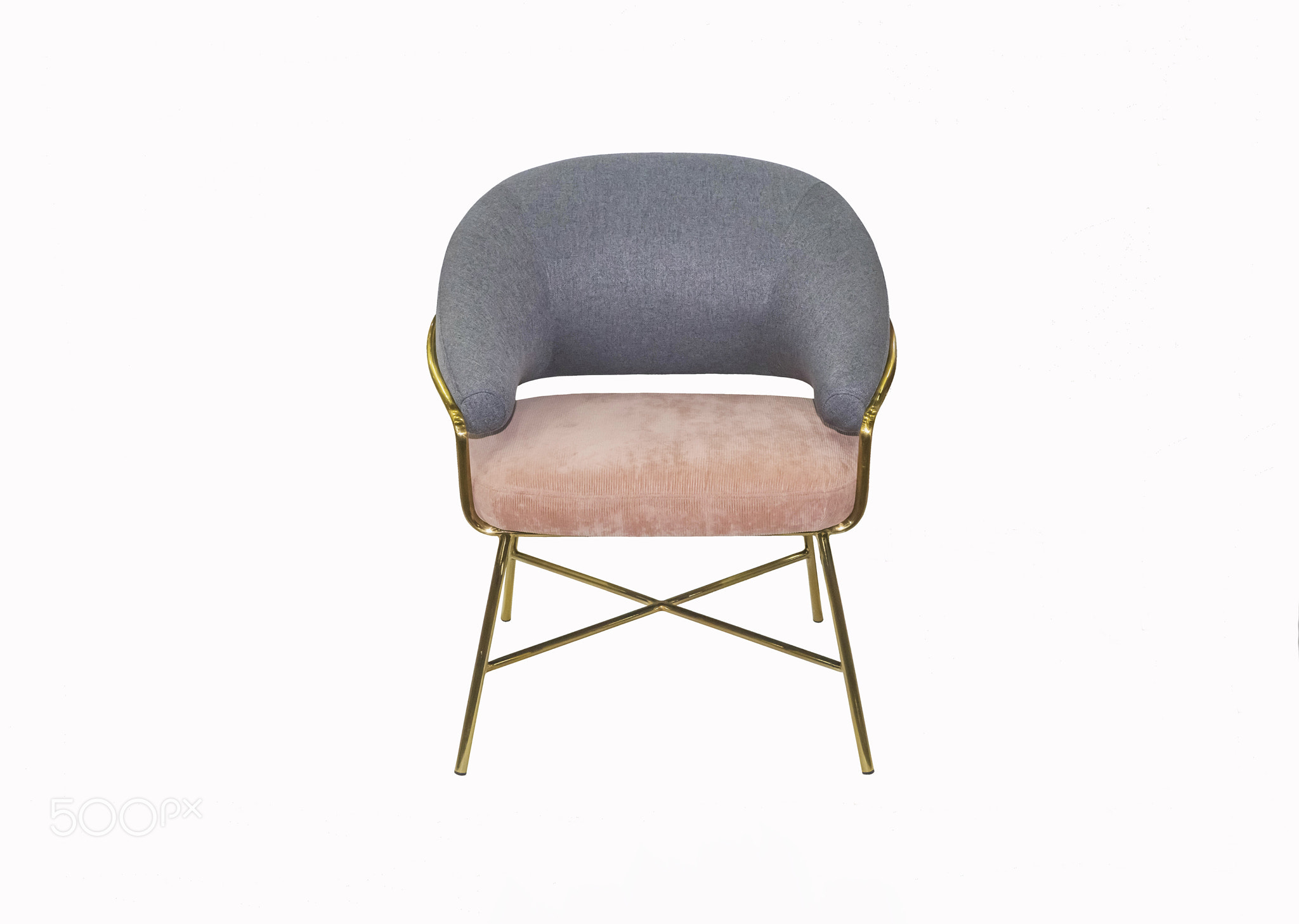 Comfortable armchair with golden legs on white background. Interior 