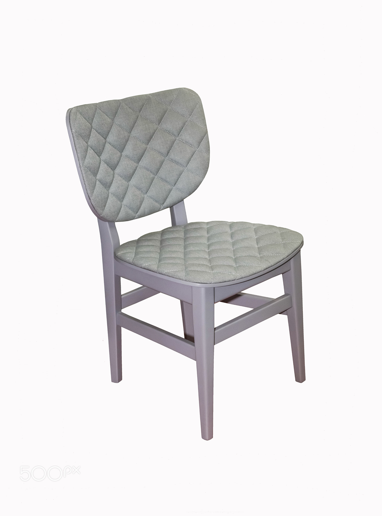 Gray wooden chair with quilted padding on white background. Interior