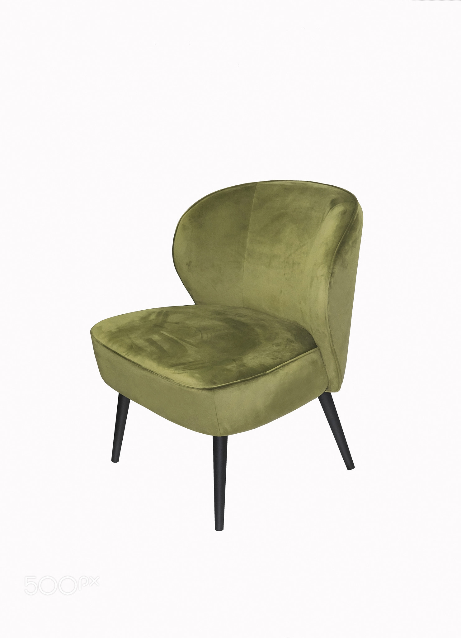Comfortable velours olive armchair on white background. Interior