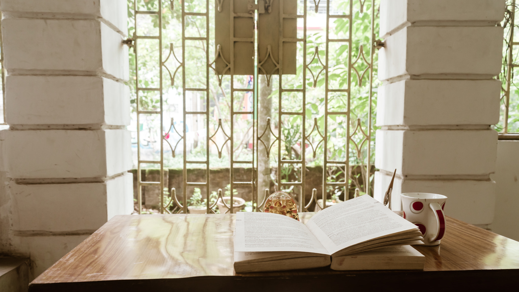Coffee and book by window on a sunday morning.