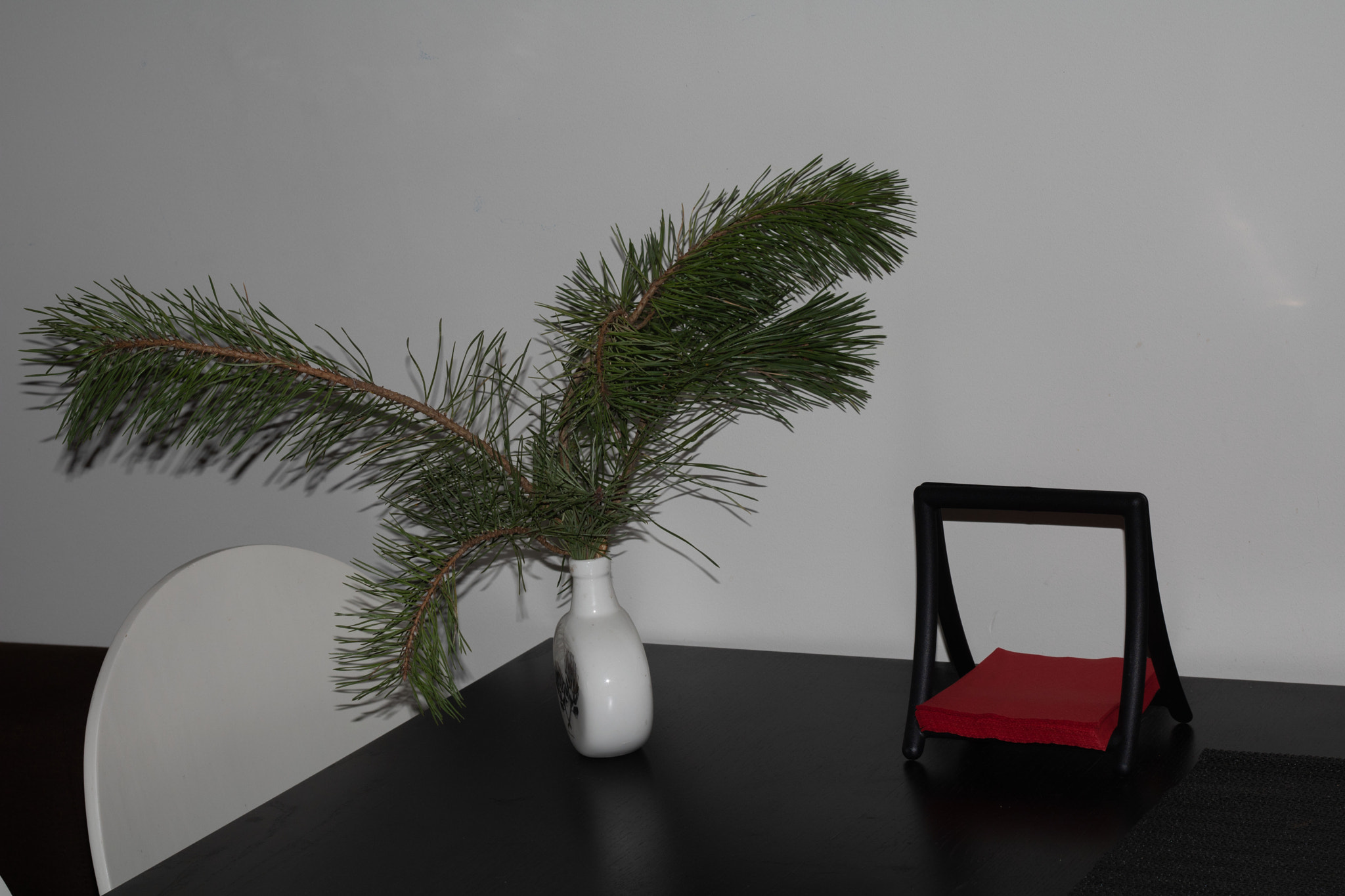 photo white vase with spruce branches next to a napkin holder