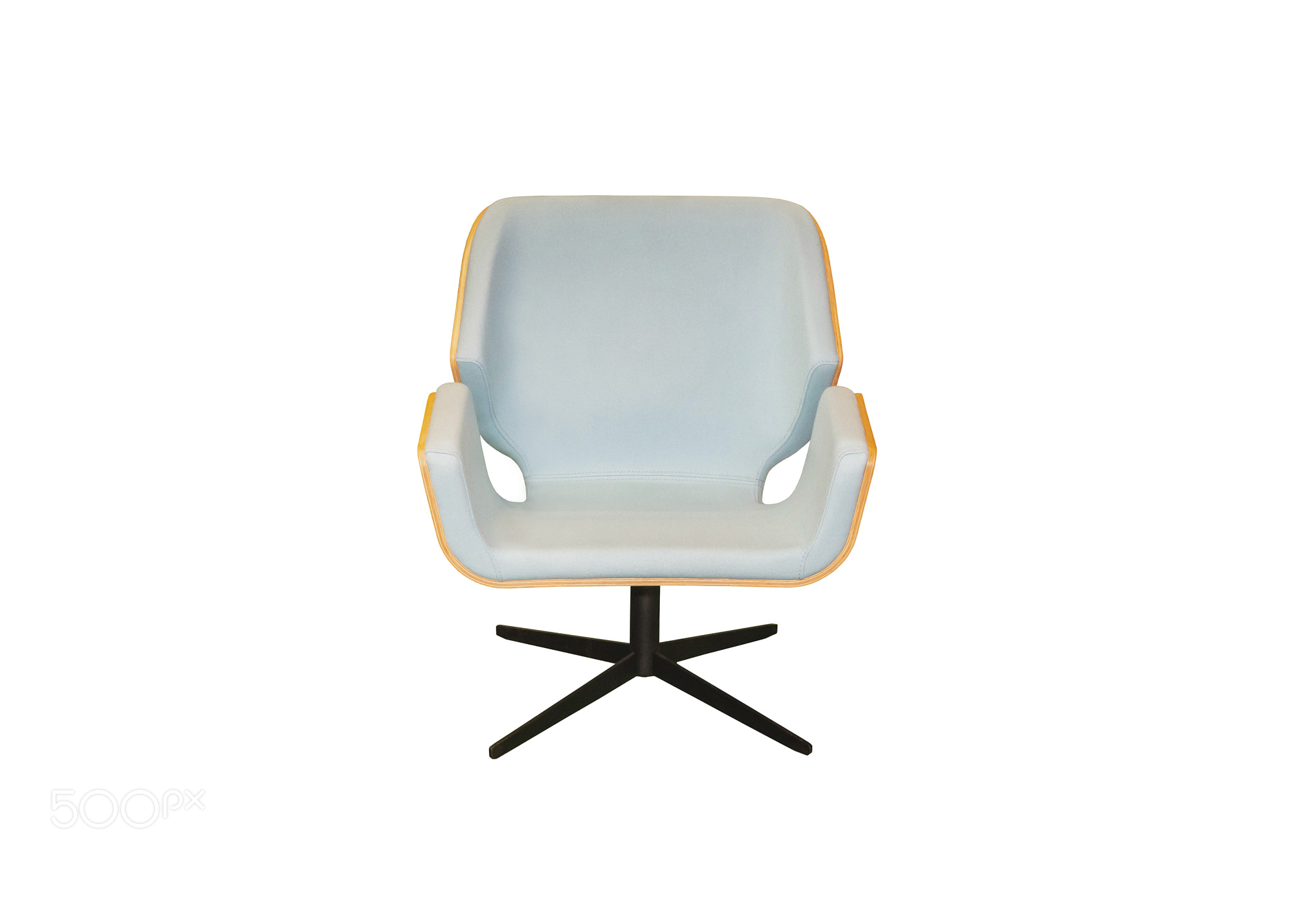 Comfortable wooden armchair with soft upholstery on white background.