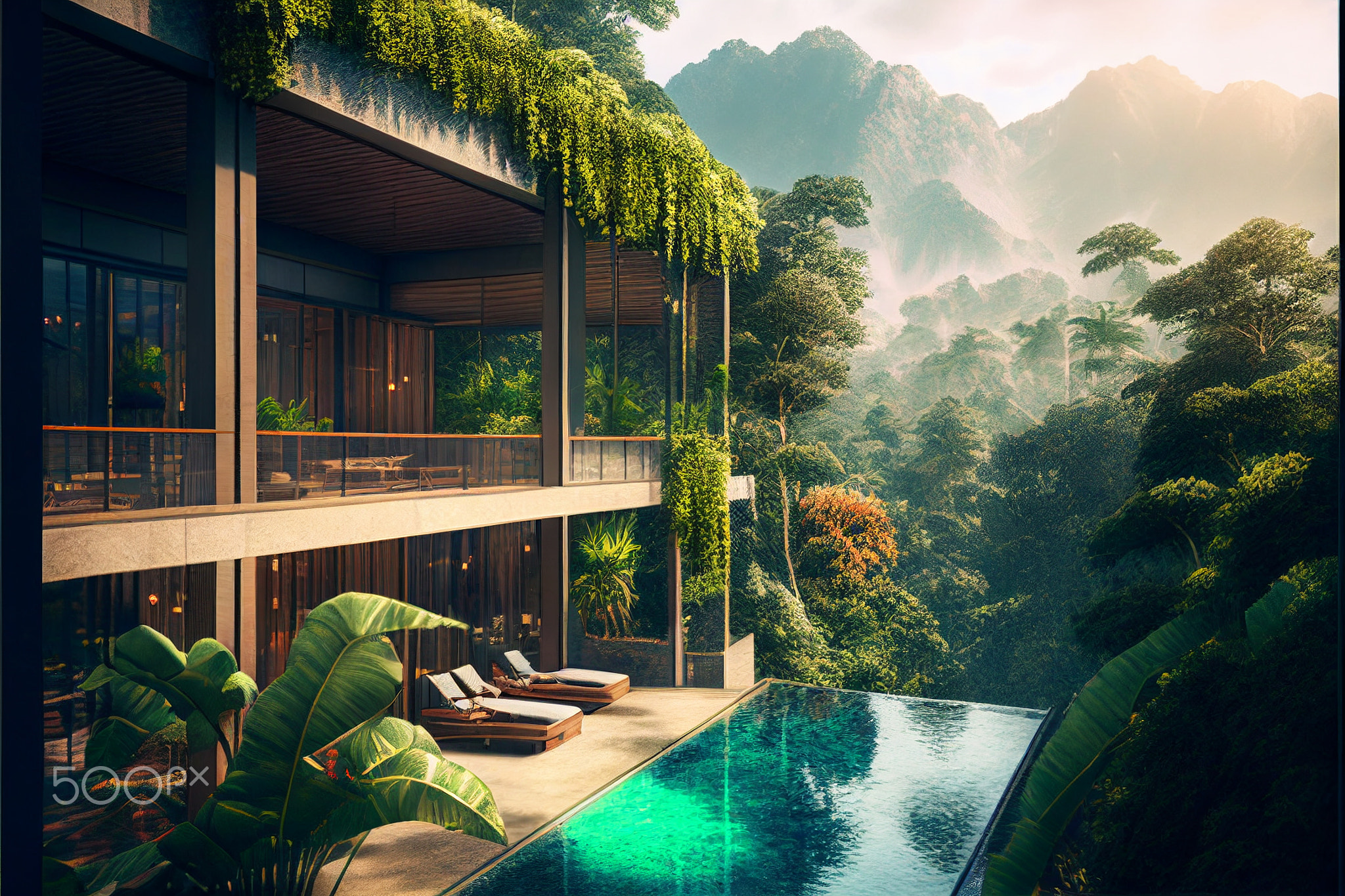 Illustration of luxury hotel in rain forest, created with Generative