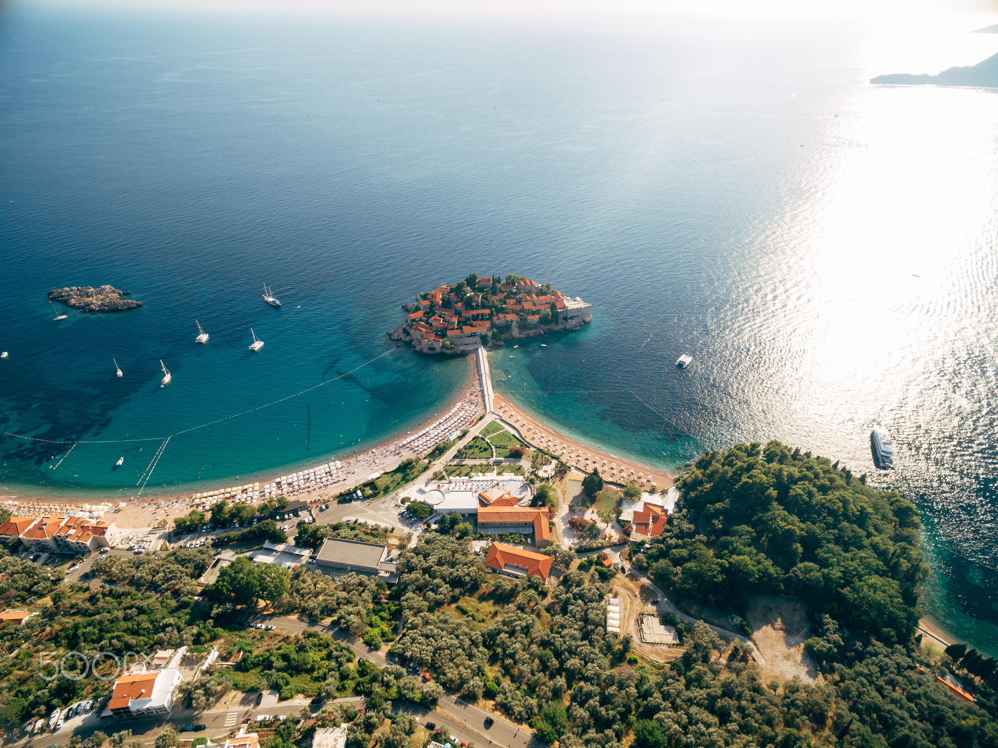 Aerial view to the island of Sveti Stefan in Kotor Bay. Montenegro