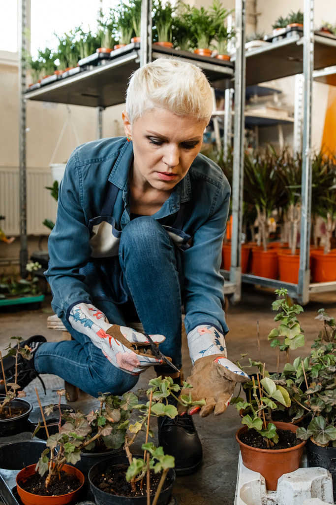 Woman places the flowers in the new pot. Gardening relocating plant. by Elena Bessonova on 500px.com