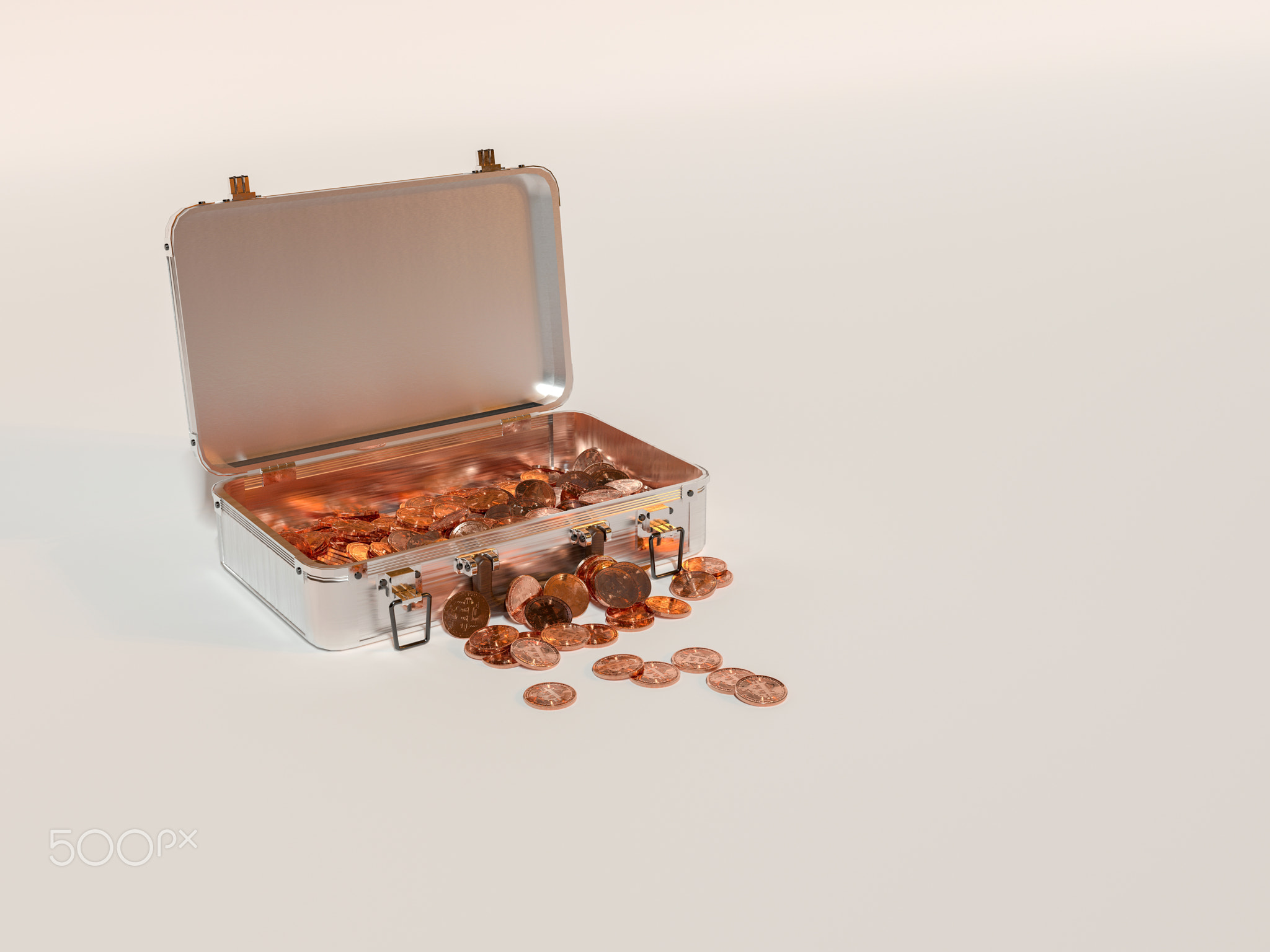 3D render - aluminum case with bitcoin coins on a white background