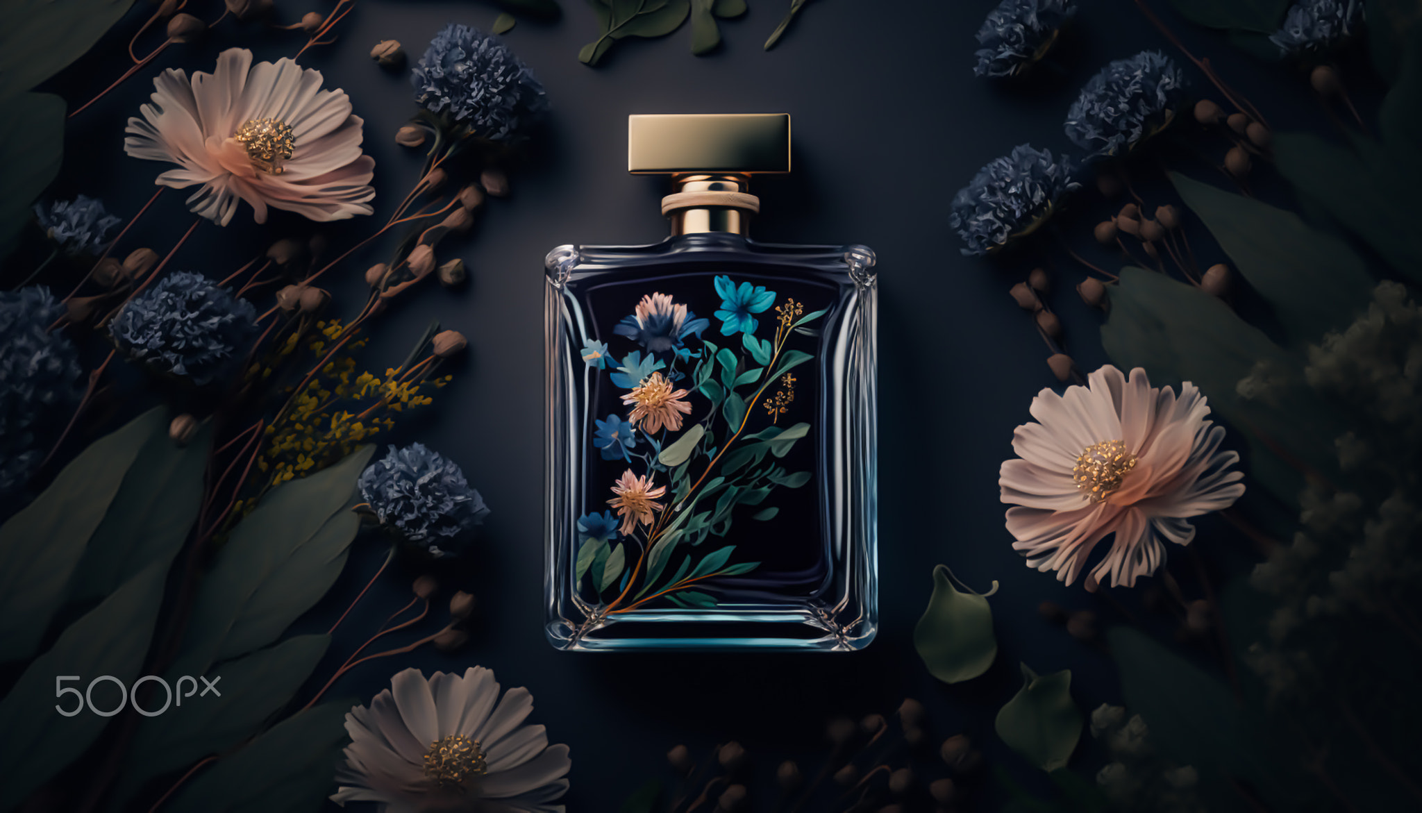 Luxury perfume with floral scent for women, glass fragrance bottle on