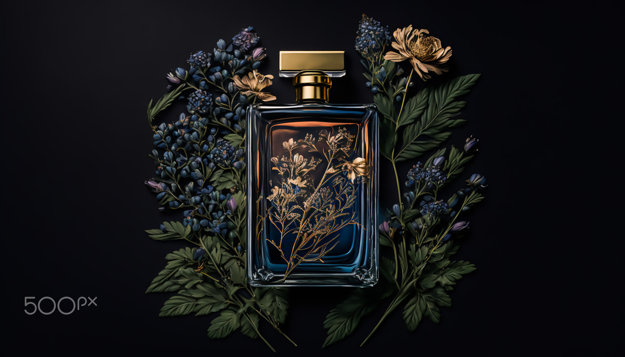 Luxury perfume with floral scent for women, glass fragrance bottle on