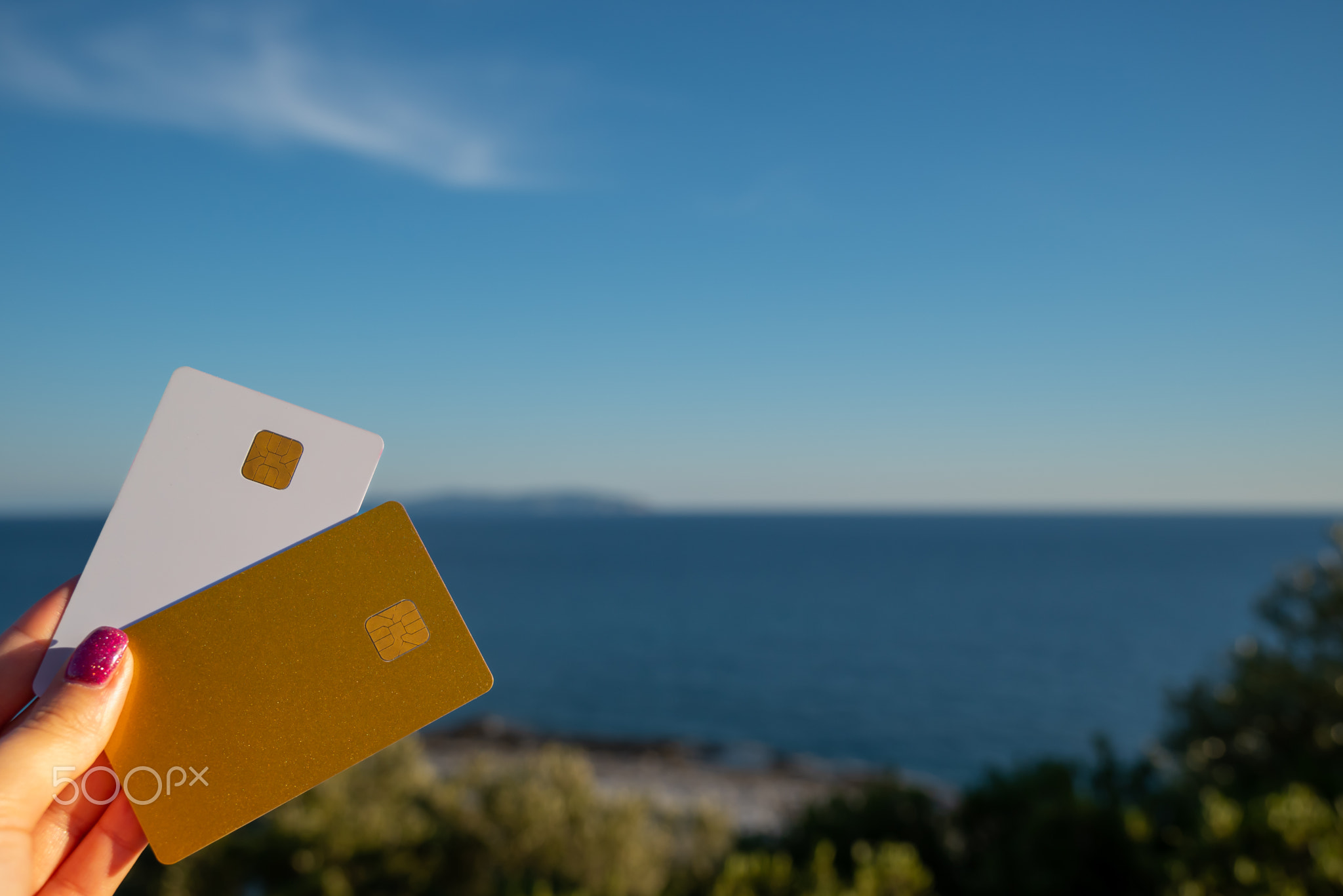 Golden and White Bank Card In Woman Hand On Background Of Scenic View