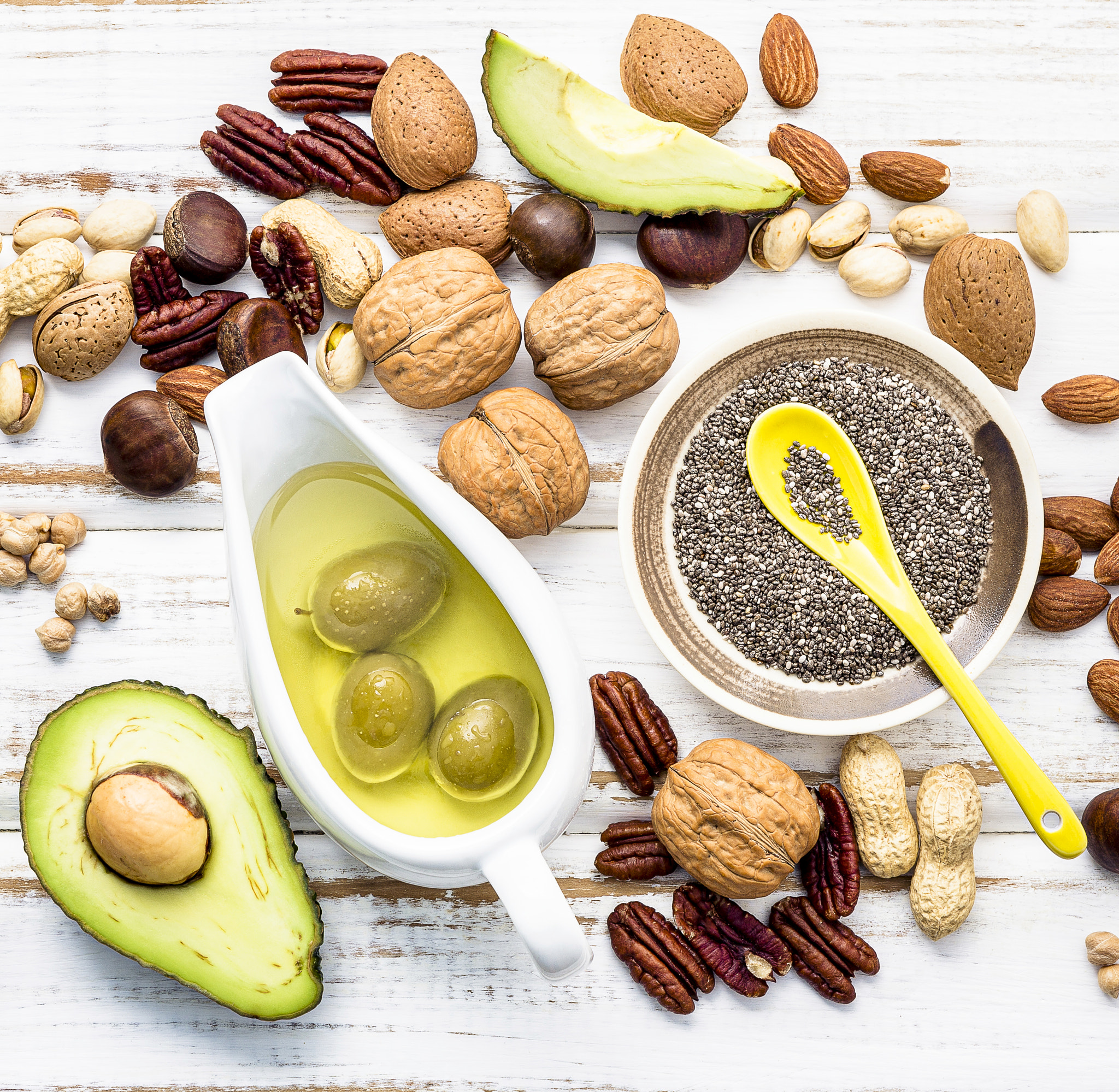Selection food sources of omega 3 and unsaturated fats. Super foods high vitamin e and dietary fiber