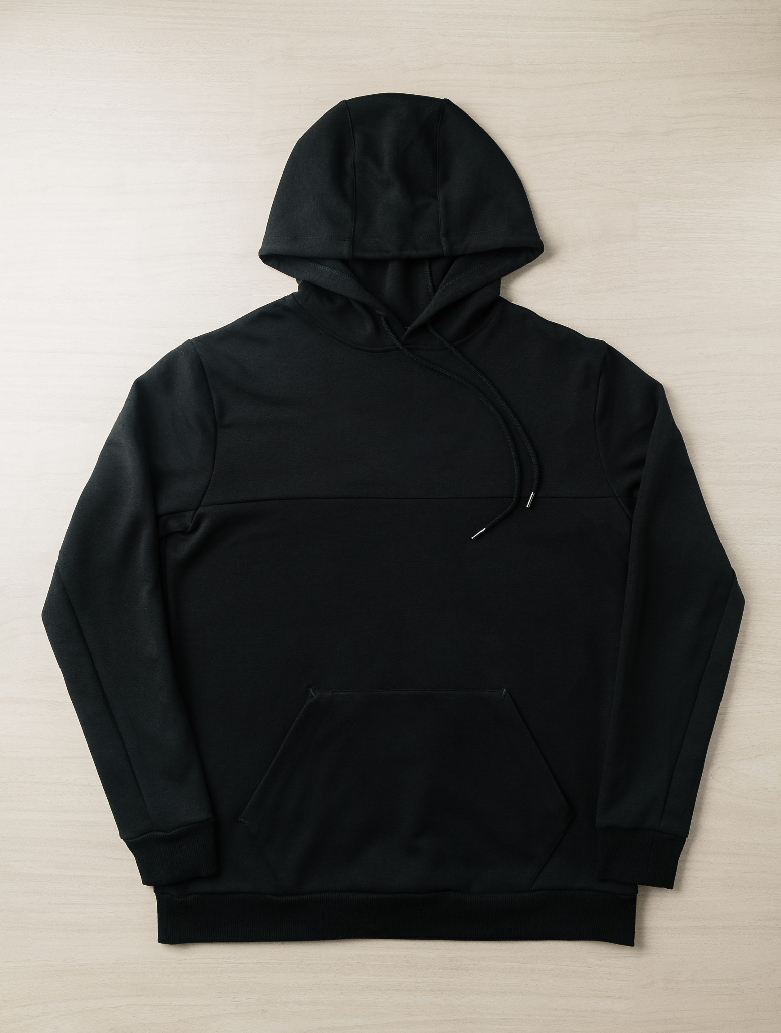 Blank black hoodie sweatshirt long sleeve mockup plank on the floor. Template for place your design