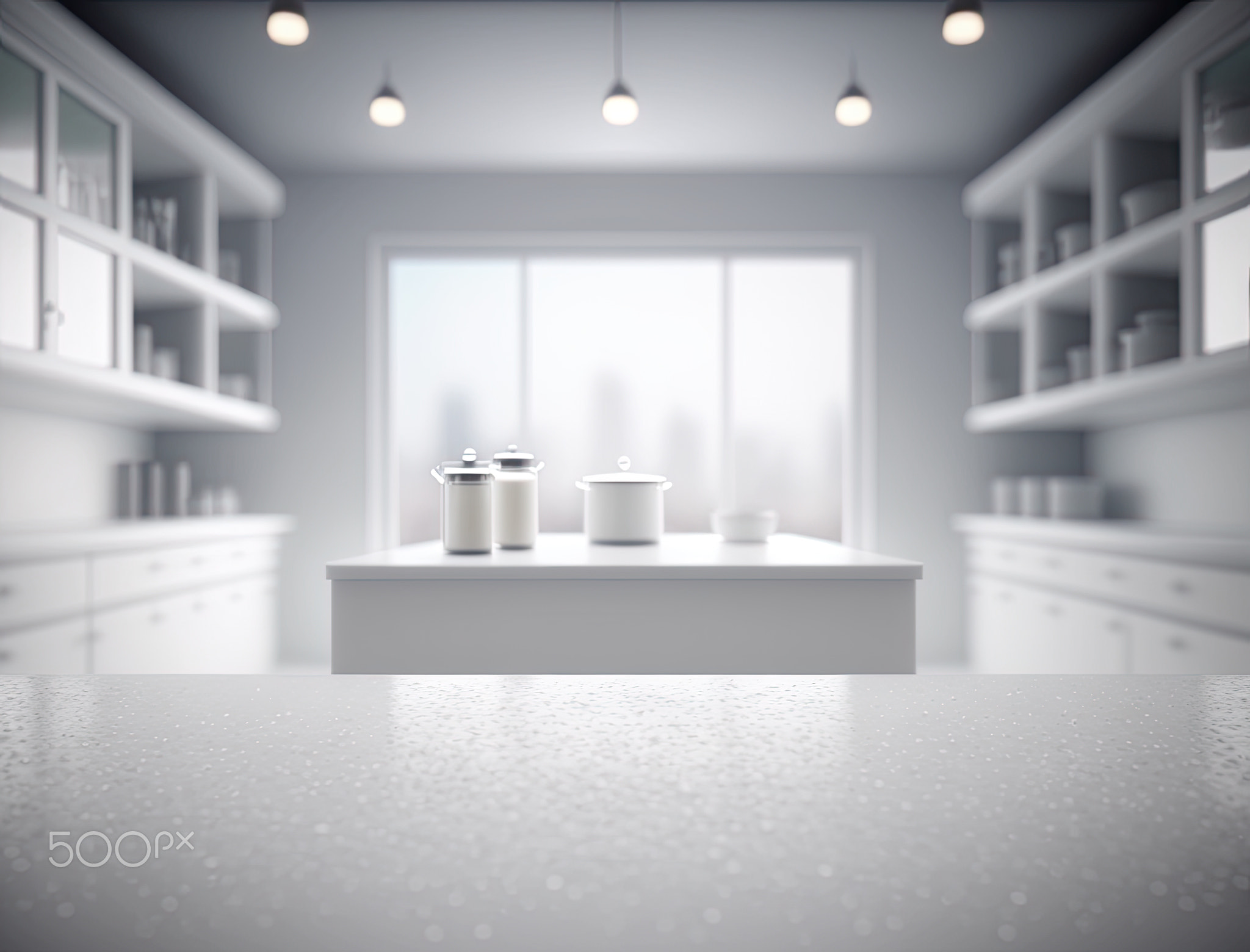 Empty white counter in the kitchen with blurred background. Generative