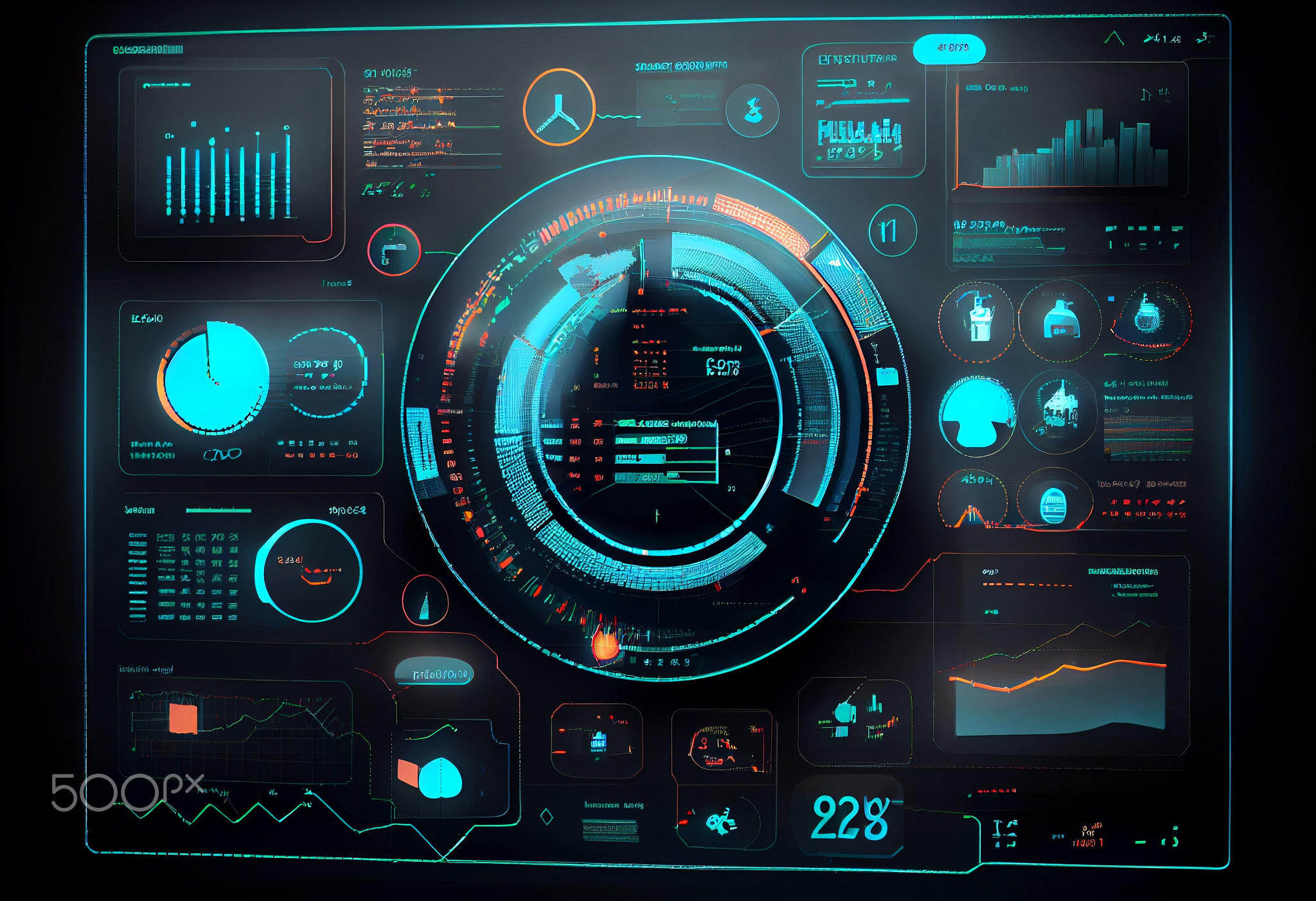 financial dashboard hologram and candlesticks. Concept of online