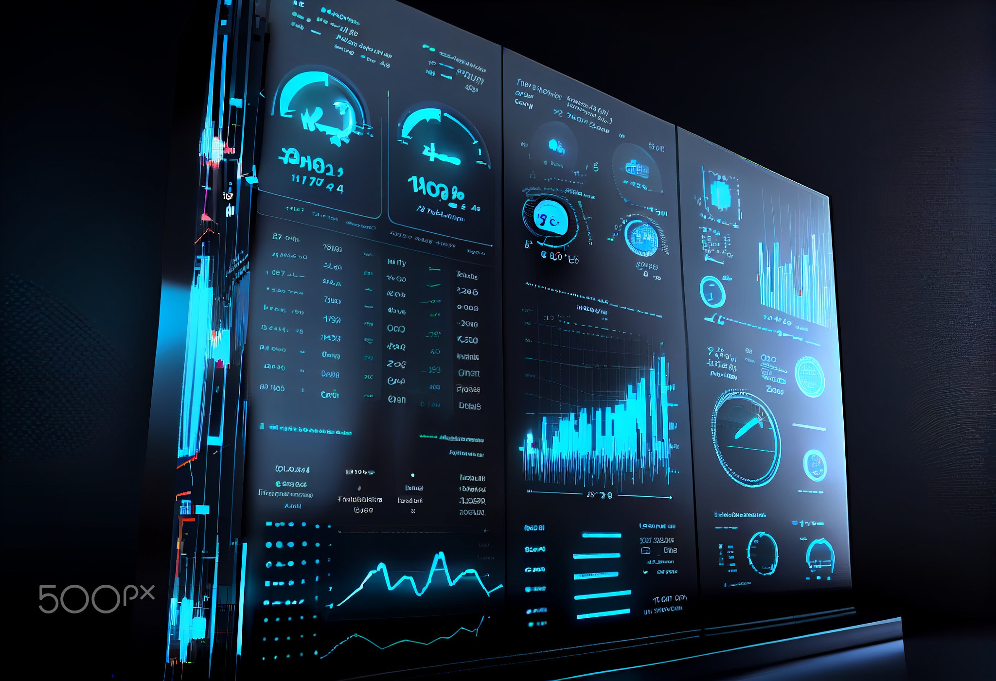 financial dashboard hologram and candlesticks. Concept of online