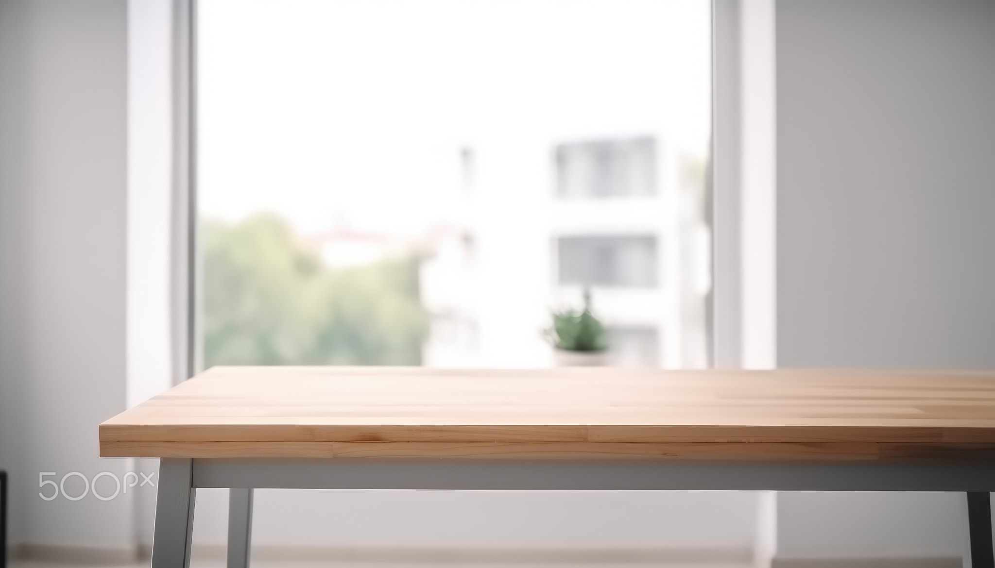 Empty wooden table with copy space in white living room with window