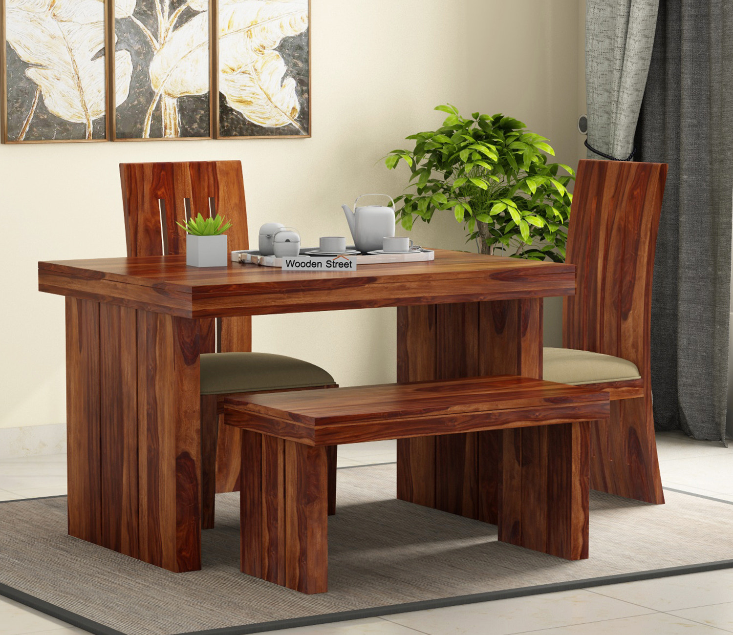 Wertex Compact 4 Seater Dining Set with Bench(Honey Finish)