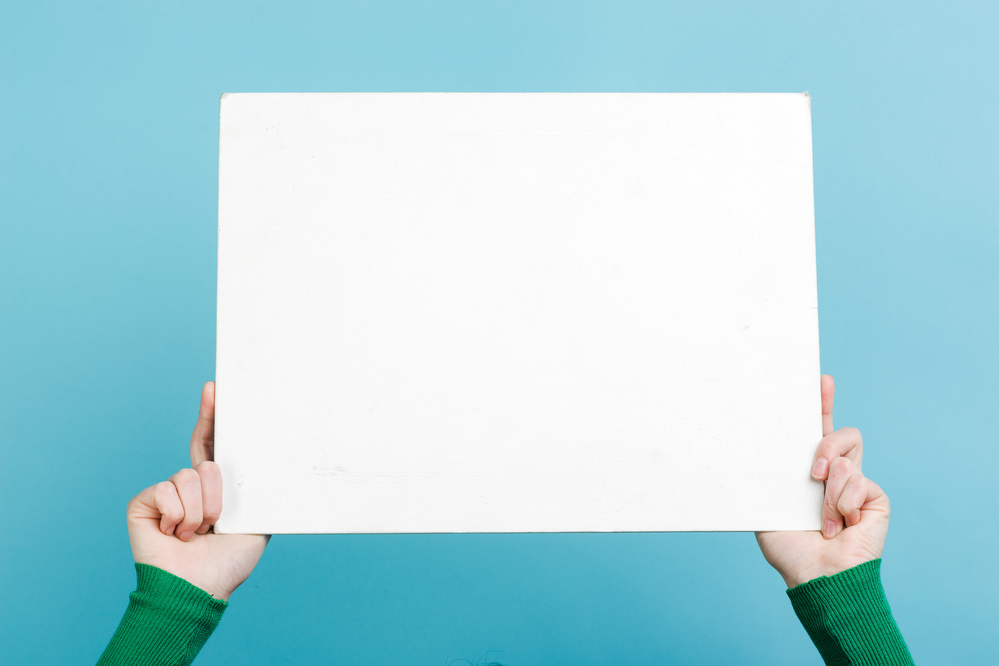 Woman's Hands holding empty white blank board isolated on blue background