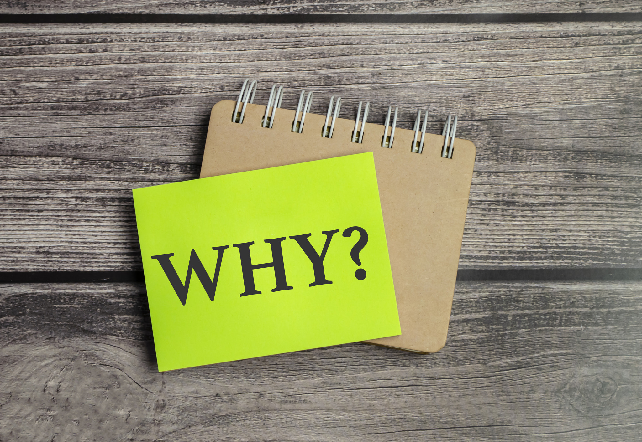 question why on green sticker and wooden background