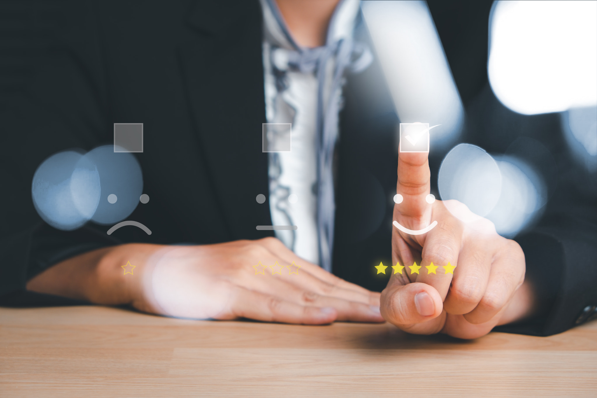 Business woman hand pressing smiley face emoticon on virtual touch screen.good feedback rating and p