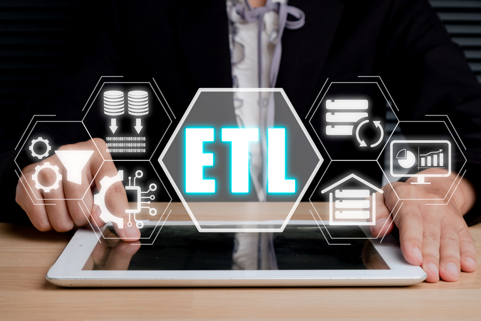 ETL extract transform load concept, Person using digital tablet with extract transform load icon on