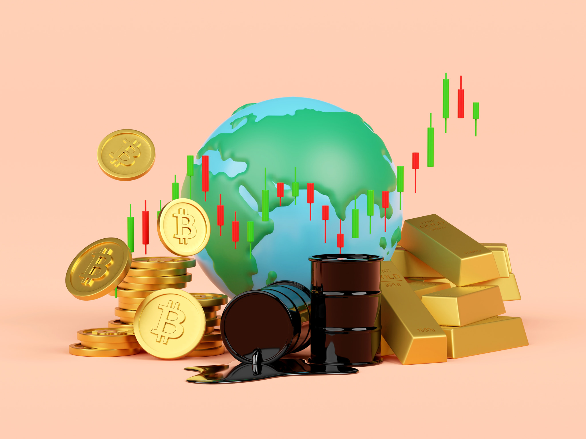 Bitcoin, oil barrels and gold with globe, 3d illustration