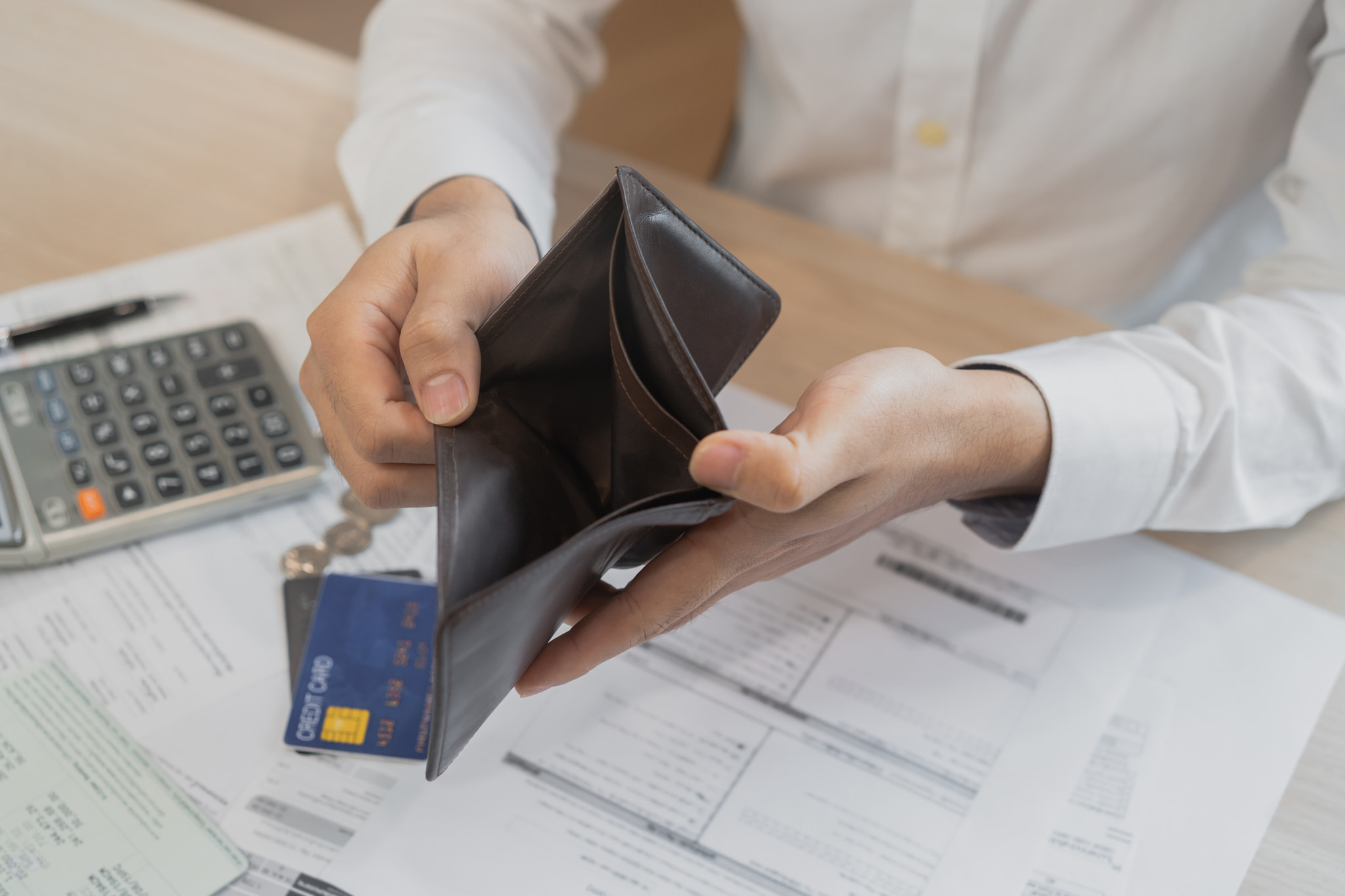 Stressed, Problem people asian man, male holding and open an empty wallet not have money, credit car