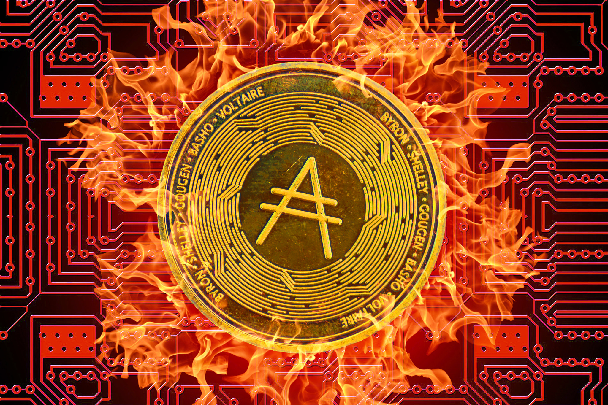 burning golden valueable single cardano coin from crypto currency with a red board in the background